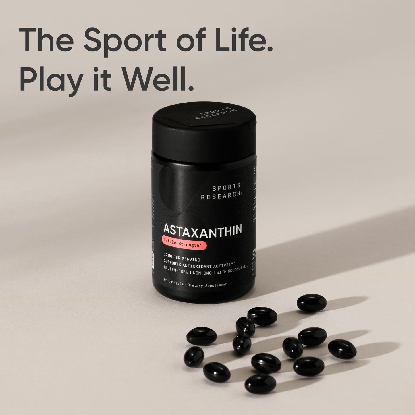 Sports Research® Triple Strength Astaxanthin Supplement from Algae w/Organic Coconut Oil - Natural Support for Skin & Eye Health - Non-GMO & Gluten Free - 12mg, 60 Softgels - 2 Month Supply - Available at All In One Marketplace Canada