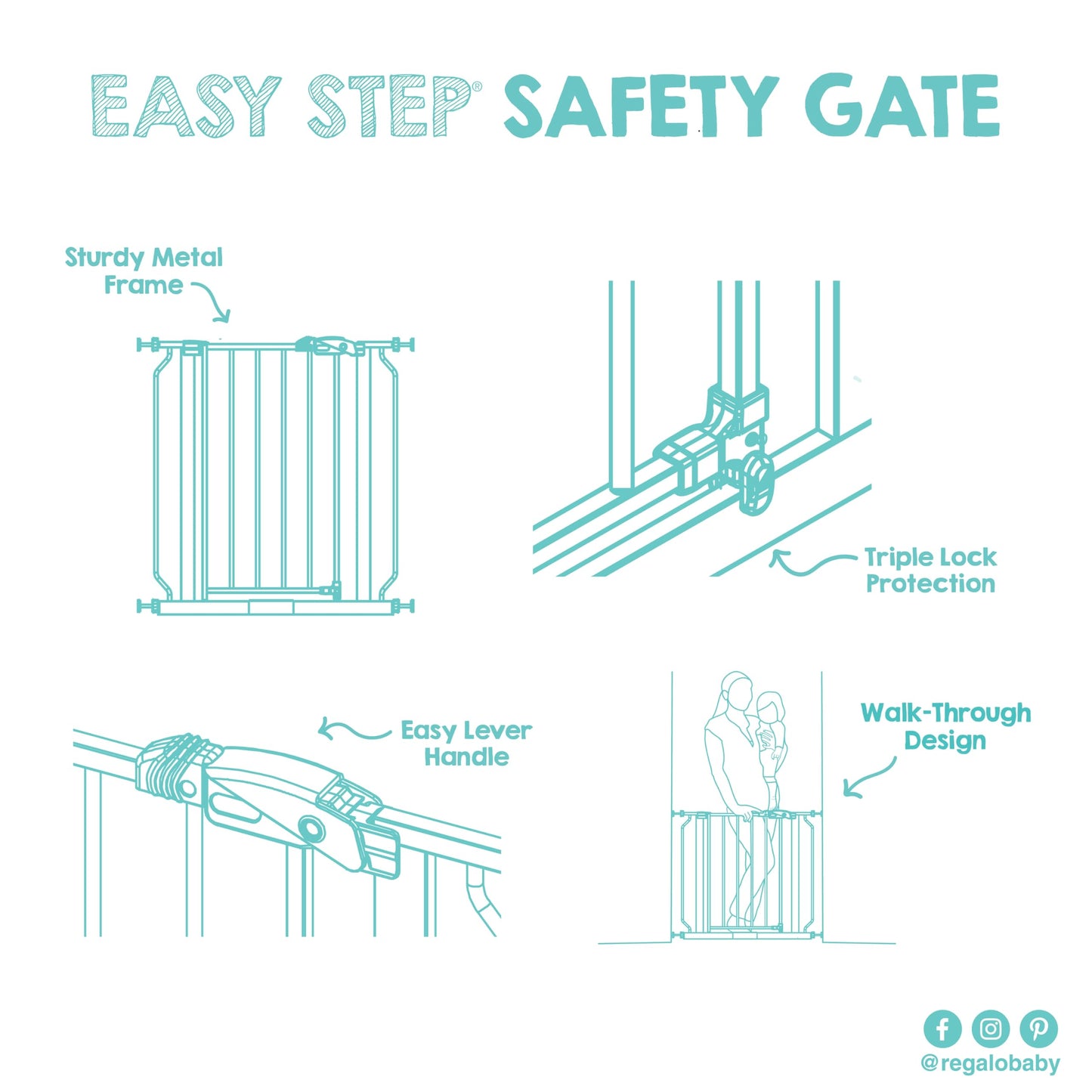 Regalo Easy Step 38.5-Inch (97.75cm) Extra Wide Baby Gate, Award Winning Brand, Includes 6-Inch (15.25cm) Extension Kit, 4 Pack Pressure Mount Kit and 4 Pack Wall Mount Kit