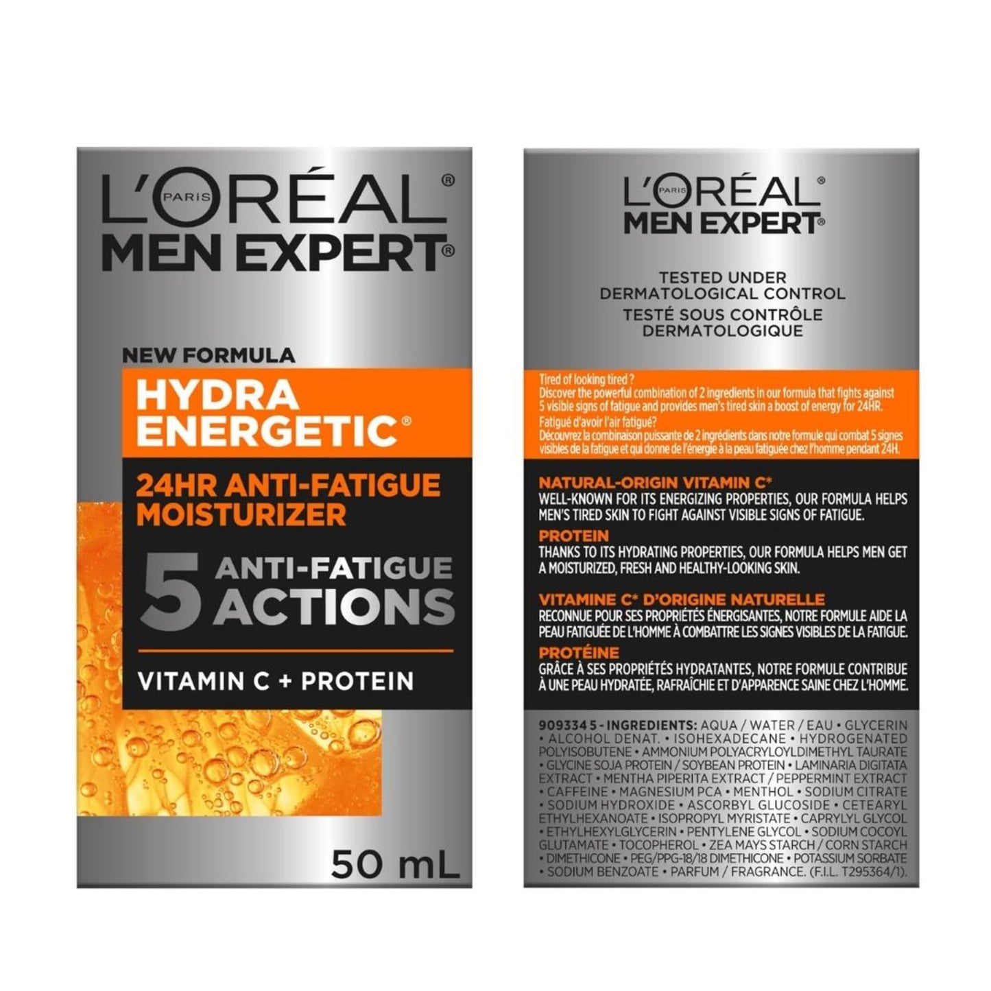 L’Oréal Paris Men Expert Anti Fatigue Daily Moisturizer for Men with Vitamin C & Protein, 24HR Non Greasy Hydration, For Dry and Dull Skin, Reduces look of fine lines & dark circles, Hydra Energetic, 50ml