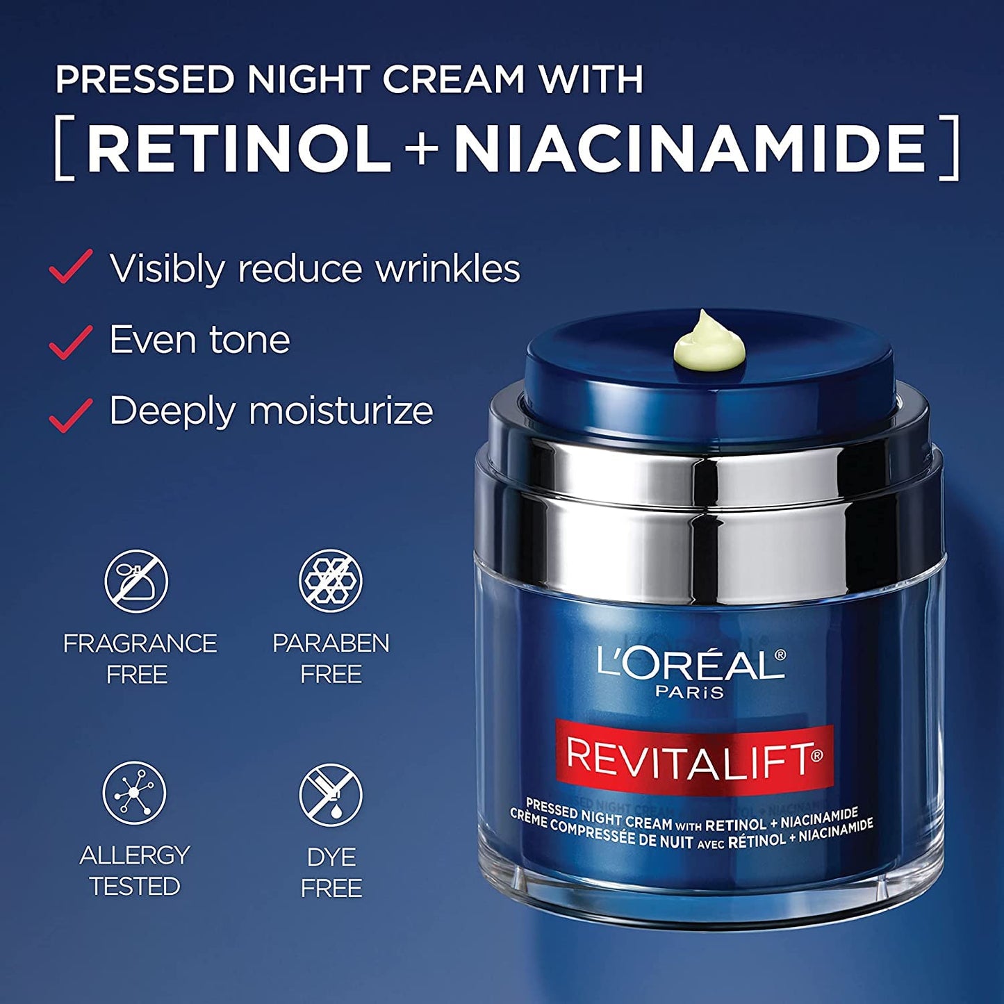 L'Oreal Paris Retinol Pressed Night Cream with Niacinamide, Reduces the Look of Wrinkles & Hydrates Skin, Revitalift Triple Power LZR, Skincare, 47 ml L'Oreal Paris