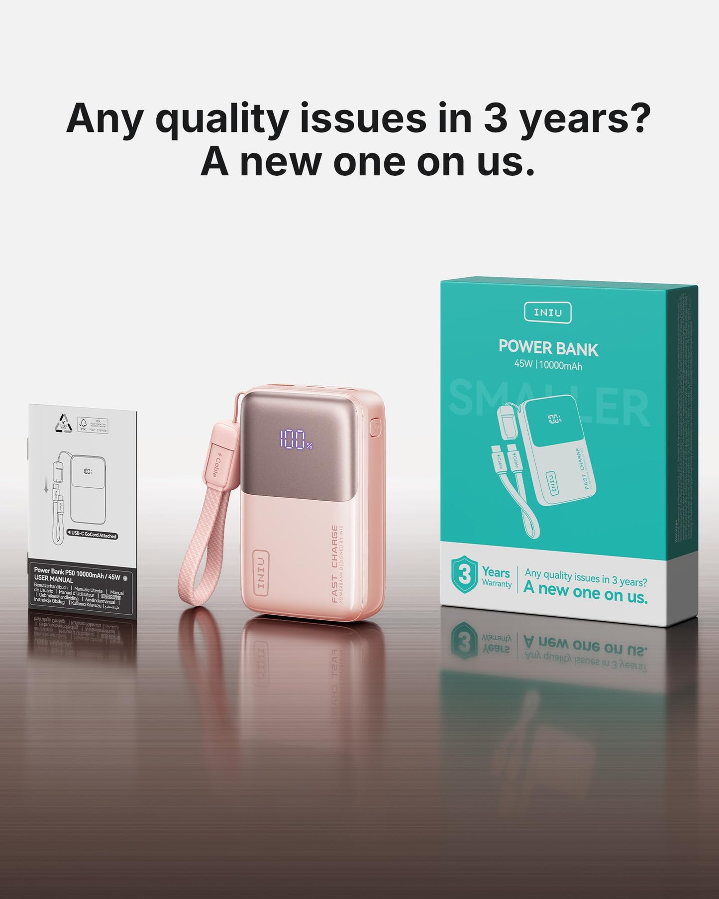 INIU Power Bank, Ultra Mini 10000mAh 45W Fast Charging Portable Charger, USB C Battery Pack with Cable, Flight-Safe Travel Powerbank for iPhone 17 16 15 14 13 12 Pro Max Air, Samsung S26 S25 S24, Pink