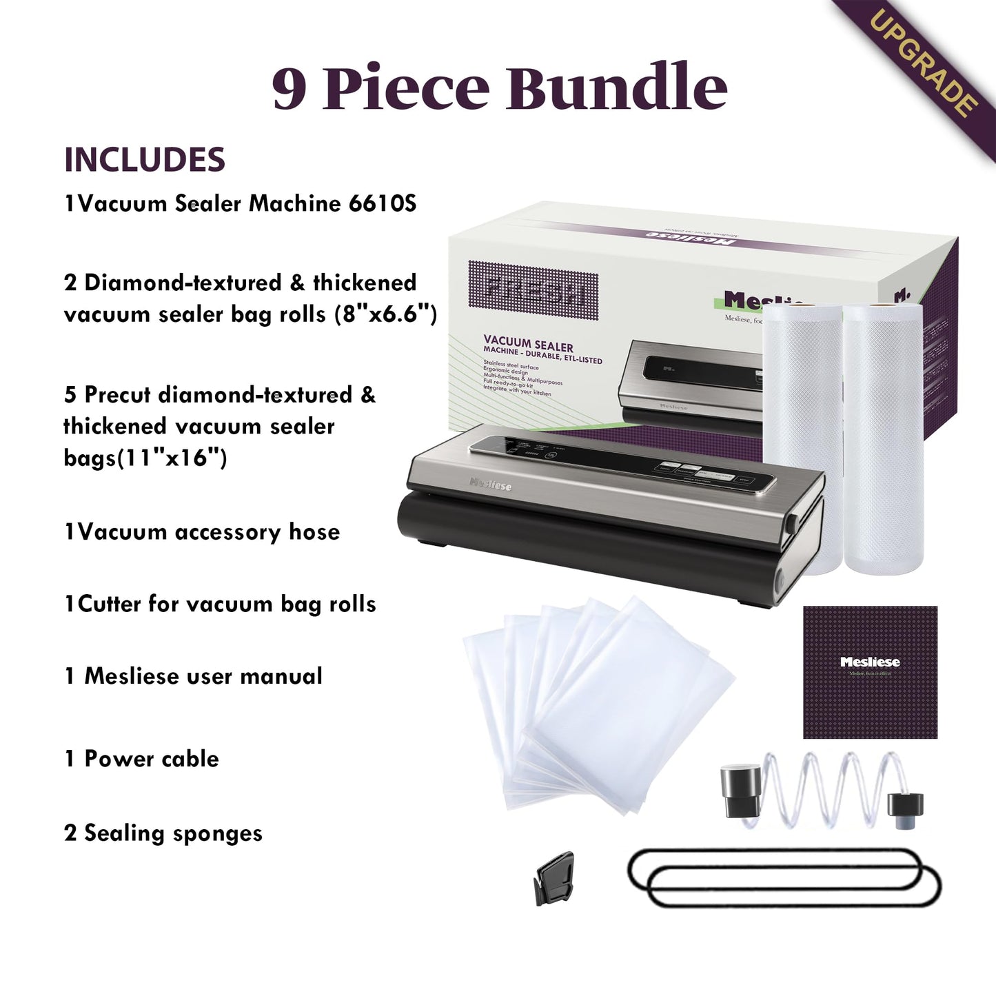 Mesliese Vacuum Sealer Machine Powerful 90Kpa Precision 6-in-1 Compact Vacuum Food Preservation System with Cutter, 2 Bag Rolls & 5 Pre-cut Bags, Dry&Moist Modes Smart Suction, ETL Listed (Silver) - Available at All In One Marketplace Canada