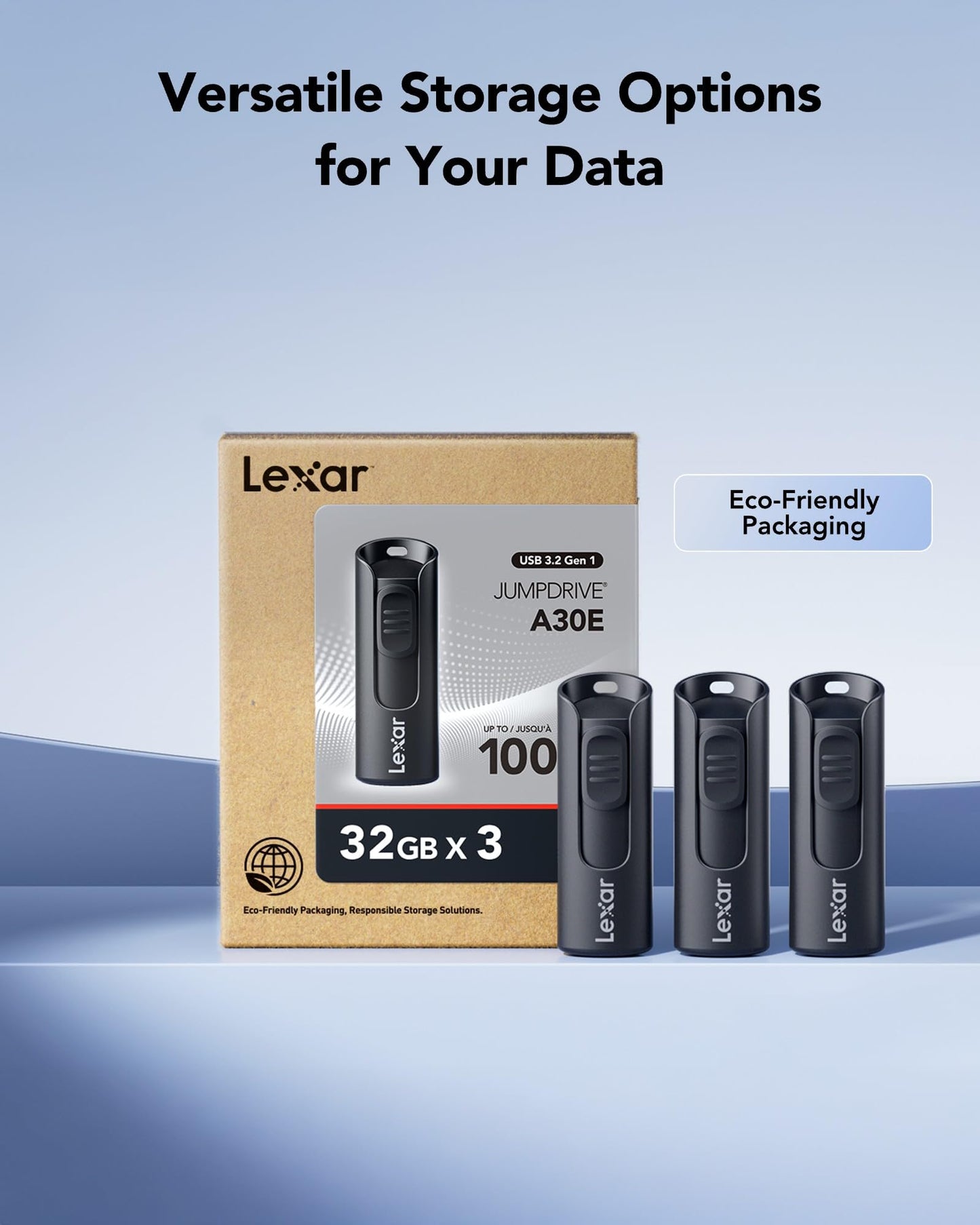 Lexar 32GB 3-Pack Flash Drive A30E USB 3.2 Gen 1, USB Drive up to 100MB/s, Storage Expansion and Backup for PC and Mac Systems