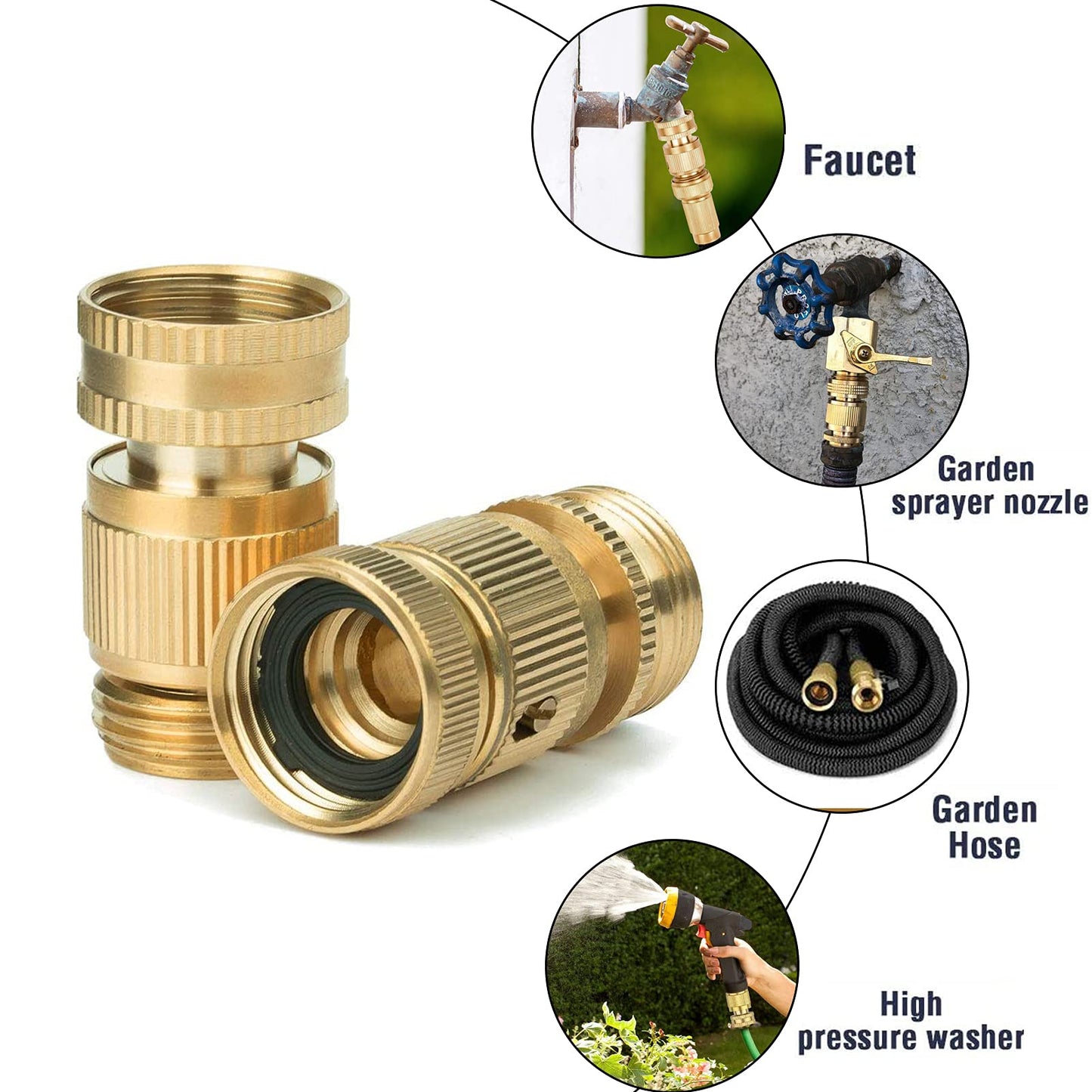 Garden Hose Quick Connectors, Solid Brass 3/4 inch GHT Thread Easy Connect Fittings No-Leak Water Hose Male Female Value Pack (5 Set) with 10pcs Extra Rubber - Available at All In One Marketplace Canada