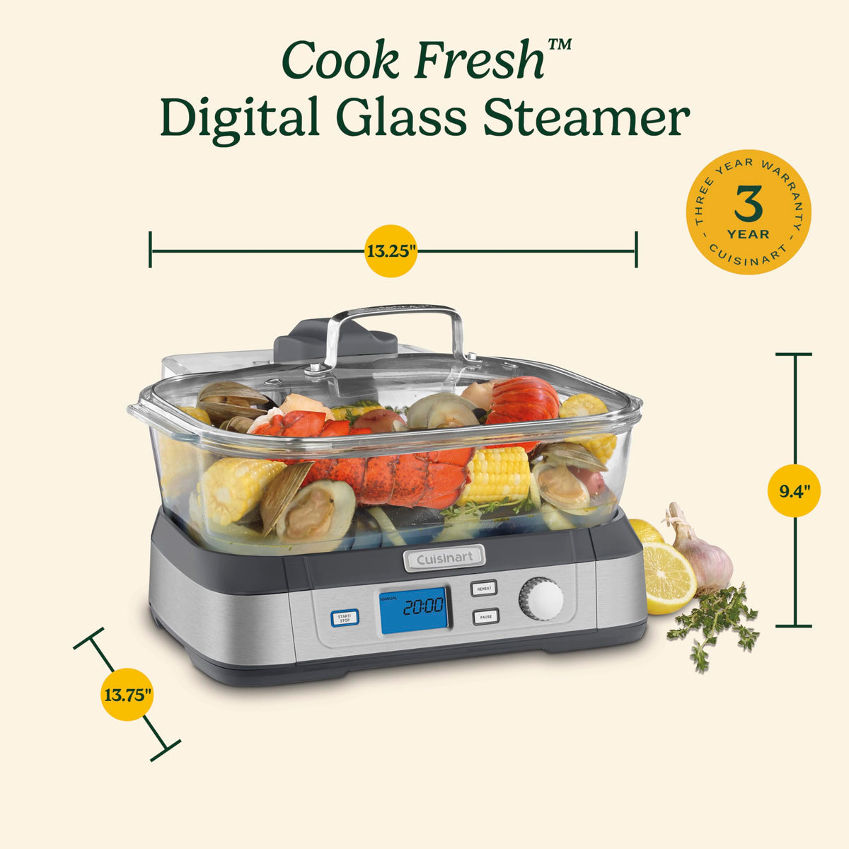 Cuisinart Cook Fresh Digital Glass Steamer, 5 Preprogrammed Food Settings, One Size, Stainless Steel (STM-1000C)
