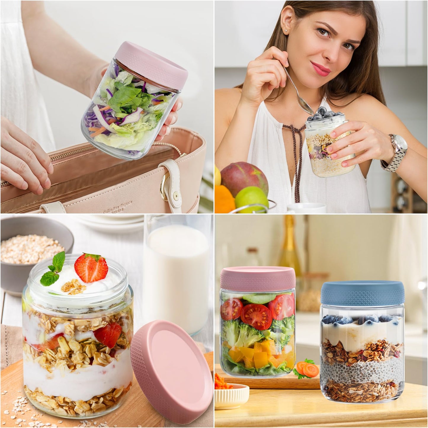 16 OZ Overnight Oats Jar,6 Pack Glass Jar with Lid and Spoon,Reusable Wide Mouth Mason jars for Overnight Oats,Yogurt Snacks Fruit, Salad Dressing, Sauce,Cereal-Leak Proof(500 ml) - Available at All In One Marketplace Canada