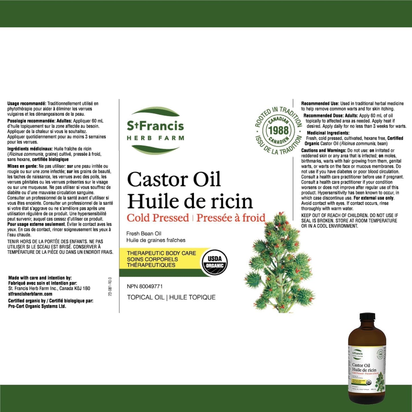 ST FRANCIS HERB FARM Castor Oil (500ml) USDA Certified Organic, Cold Pressed, Hexane-Free, GMO Free, Vegan, Vegetarian, Sealed in Protective Amber Glass (1 Bottle) Hair, Skin, and Nail Care - Available at All In One Marketplace Canada