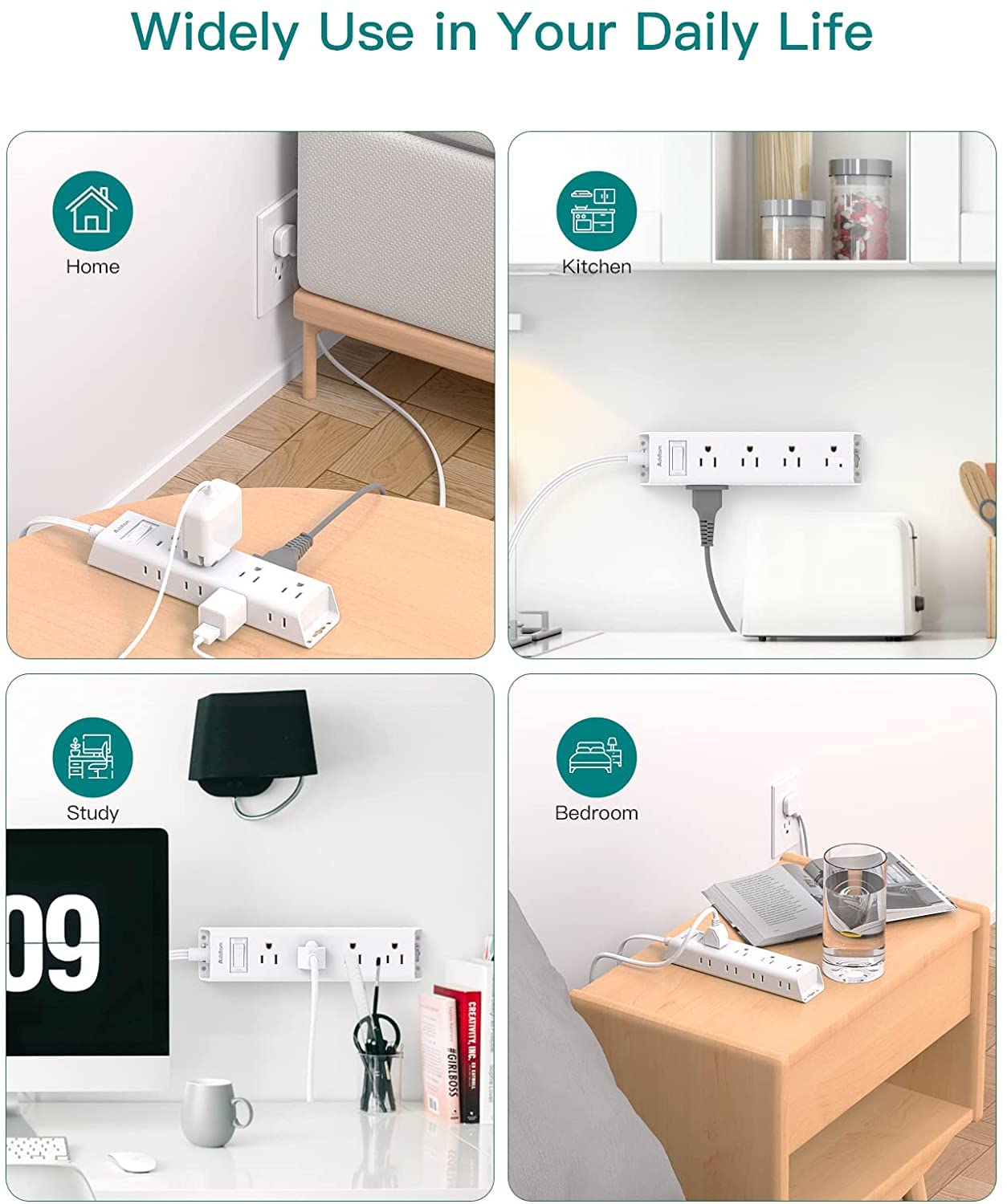 Addtam Flat Plug Power Bar, Ultra Thin Flat Extension Cord with 1050J Surge Protector, 12 Widely AC 3 Sides Multiple Outlets, 5Ft Wall Mount, Desk Charging Station for Home Office Dorm Room Essentials - Available at All In One Marketplace Canada