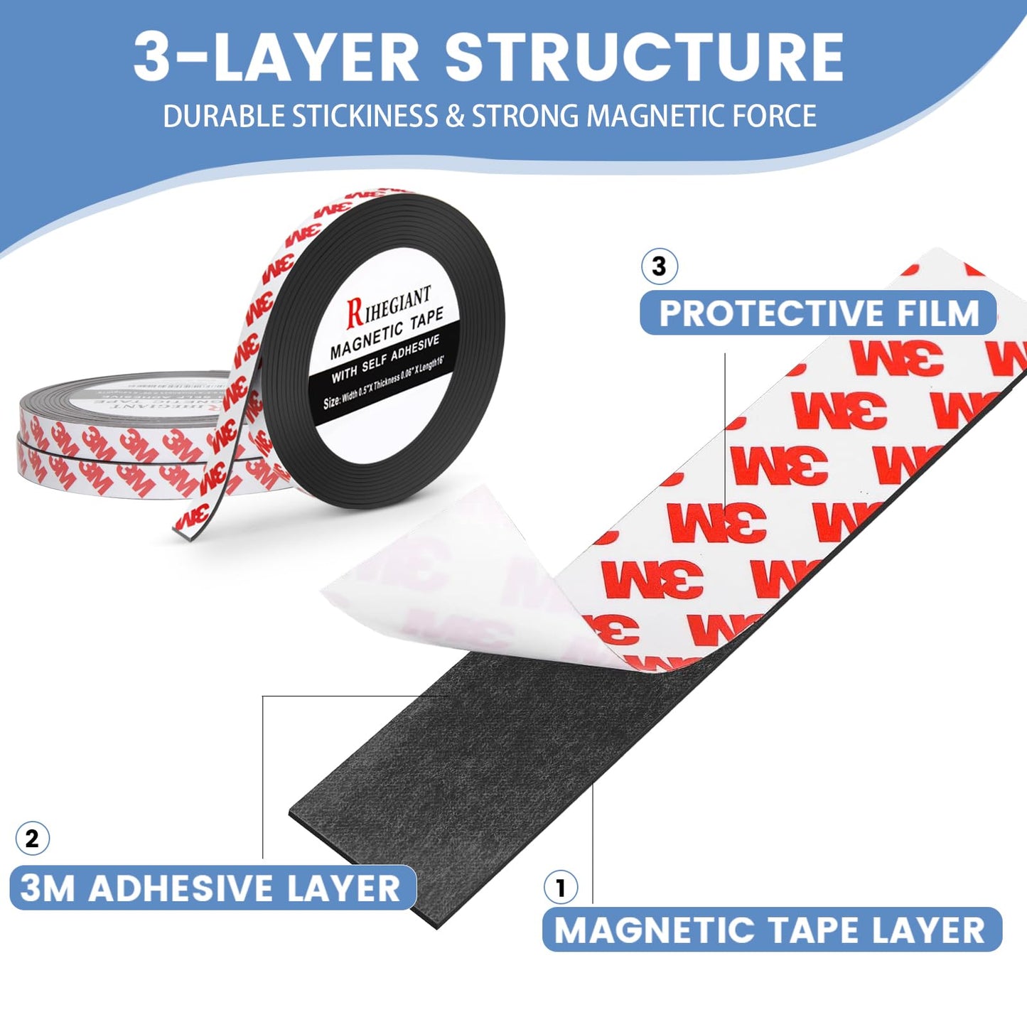 RIHEGAINT Magnetic Tape - 1/2" x 16ft Flexible Magnet Strips with 3M Strong Adhesive Backing - Perfect Fridge Magnets!