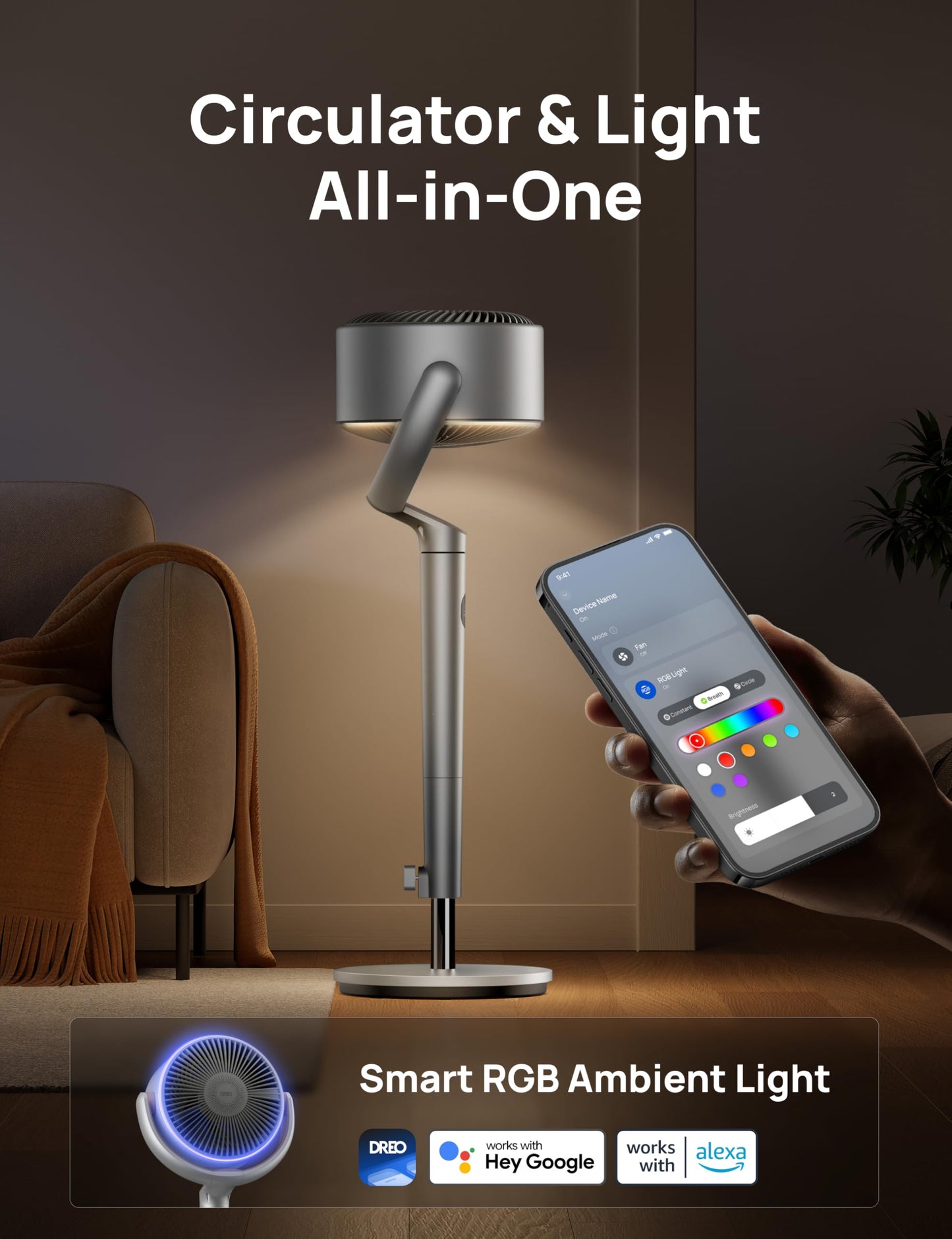 DREO Smart Fans for Bedroom, 120ยฐ +120ยฐ Omni-Directional Oscillating Fan, 90ft Quiet Pedestal Fan with RGB Light, 9 Speeds, 6 Modes, 20dB, 8H Timer, Wi-Fi/Voice, 37-42" Floor Fans with Remote, Silver