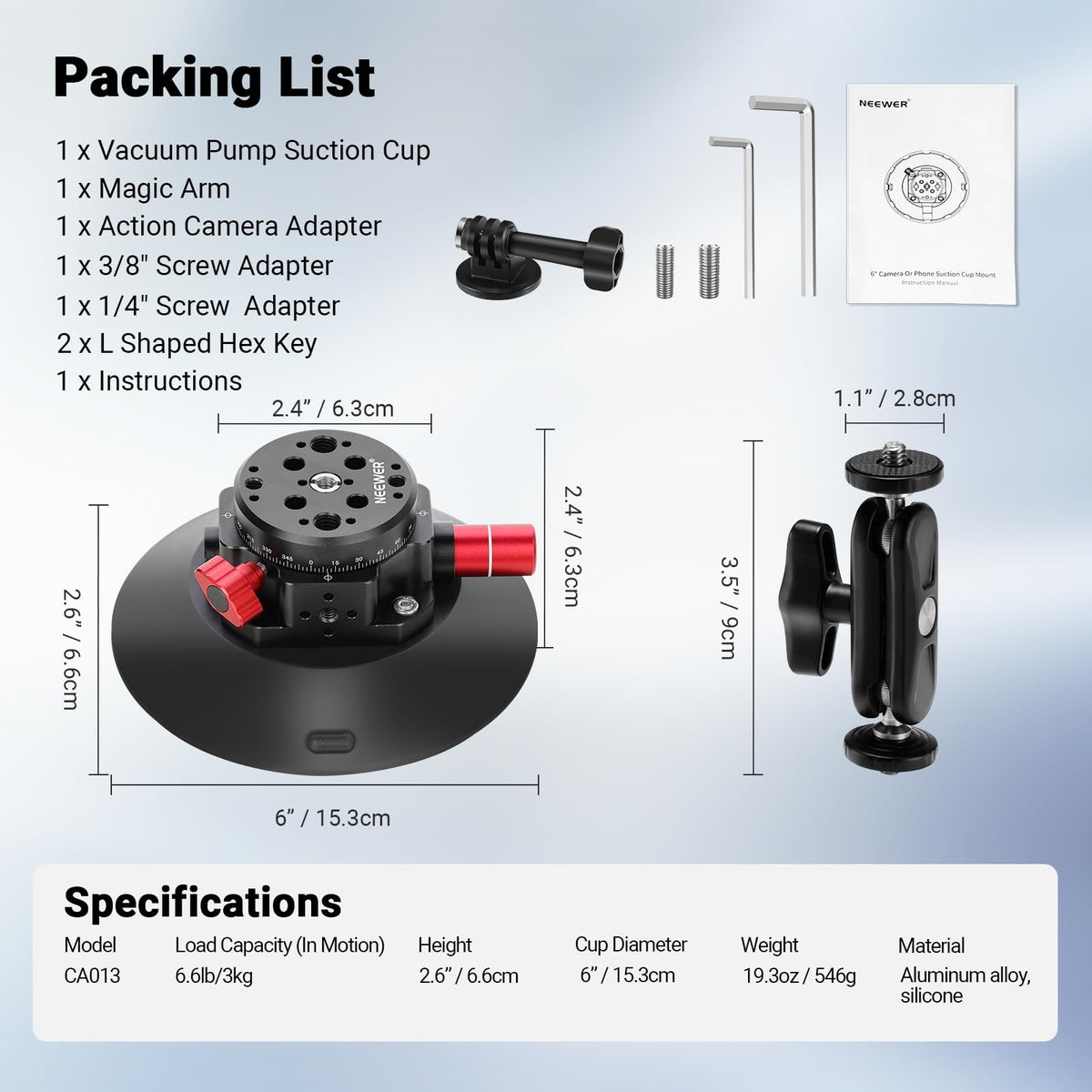 NEEWER 6"/15.2cm Camera Suction Cup Mount with Ball Head Magic Arm, Metal