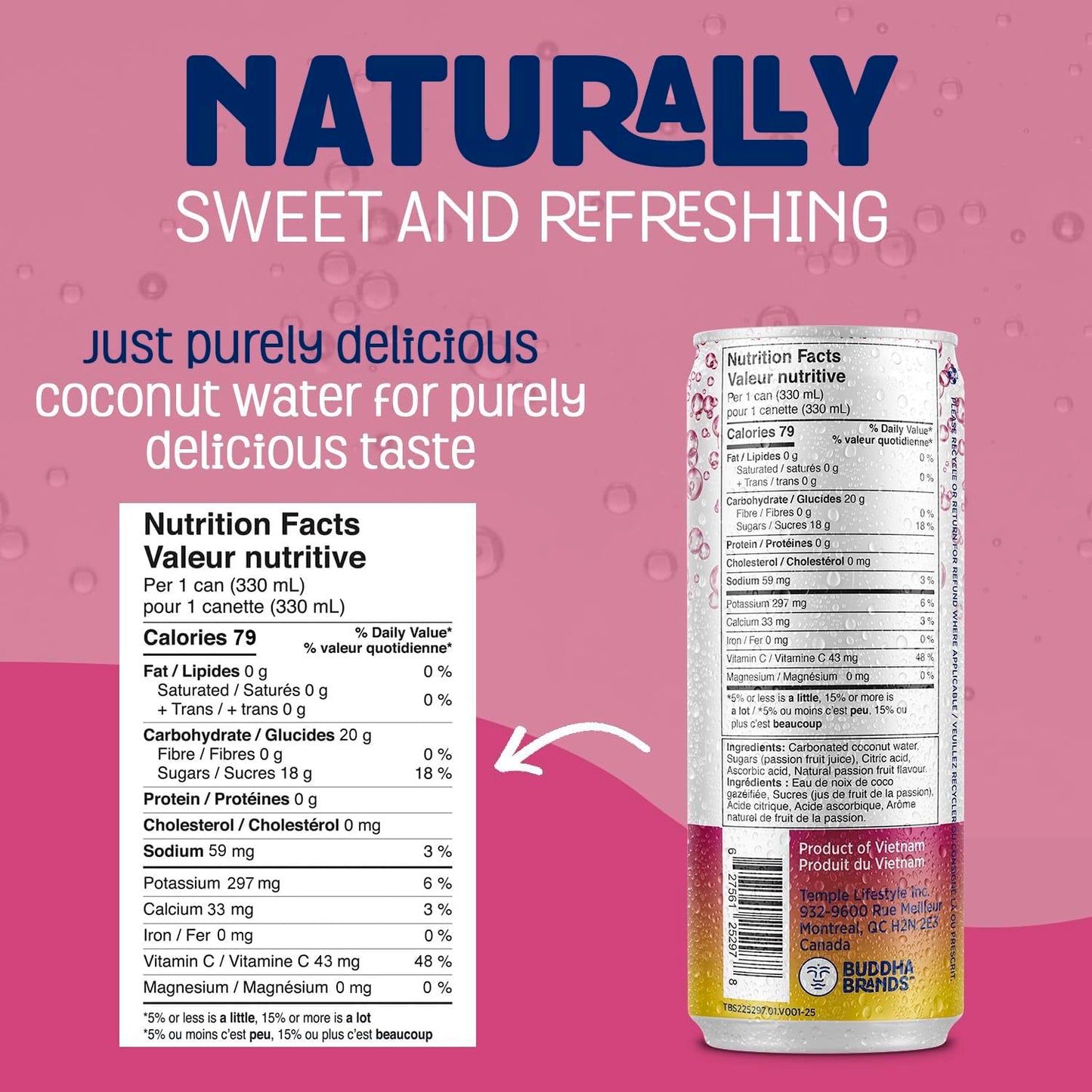 THIRSTY BUDDHA Sparkling Coconut Water with Passion Fruit, No Added Sugar, Pure Coco Drink, Natural Fruit Flavour, Electrolyte & Nutrient-Rich, 12 Pack, (12/330ml)