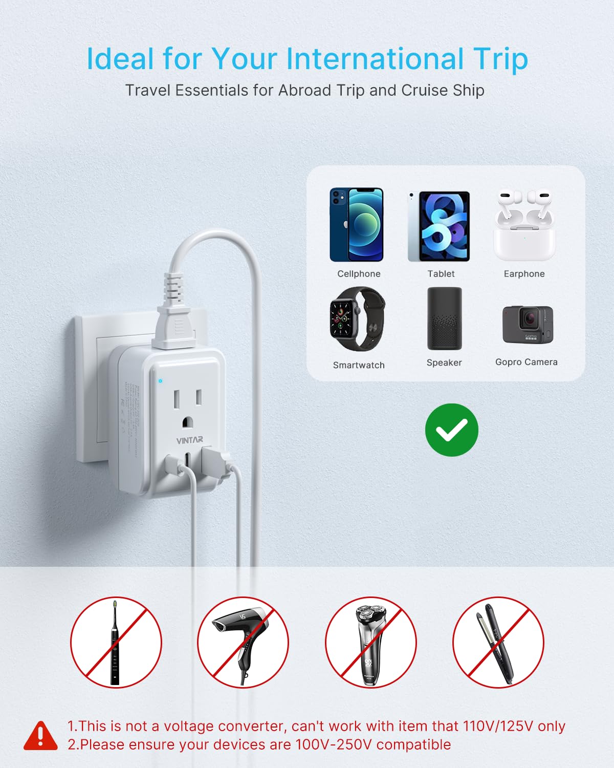 1 Pack European Travel Plug Adapter, VINTAR Foldable International Power Plug with 2 AC Outlets 3 USB Ports(2 USB C), Type C Travel Essentials Charger for Canada to Most of Europe Italy Spain France - Available at All In One Marketplace Canada