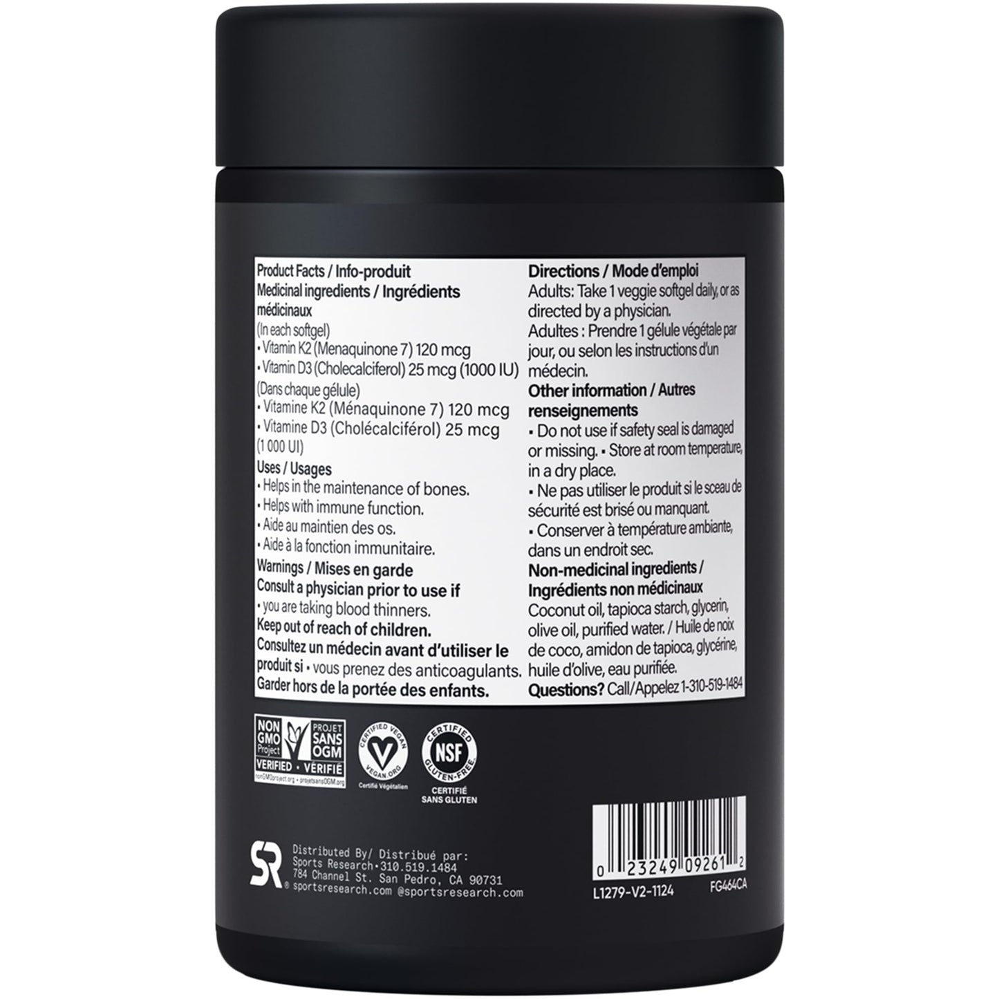 Sports Research® Vitamin D3 + K2 w/Coconut MCT Oil - Vegan Vitamin D 1000iu (25mcg) & Mk-7 Vitamin K 120mcg - Vegan Certified · Non-GMO · Soy Free - 90 Softgels