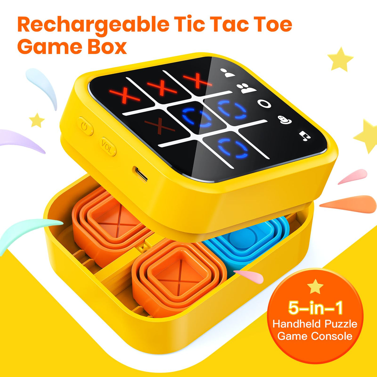 Rechargeable Tic Tac Toe Game Box with 5 Fun Brain and Memory Games, Yellow 🍁 All In One Marketplace Canada