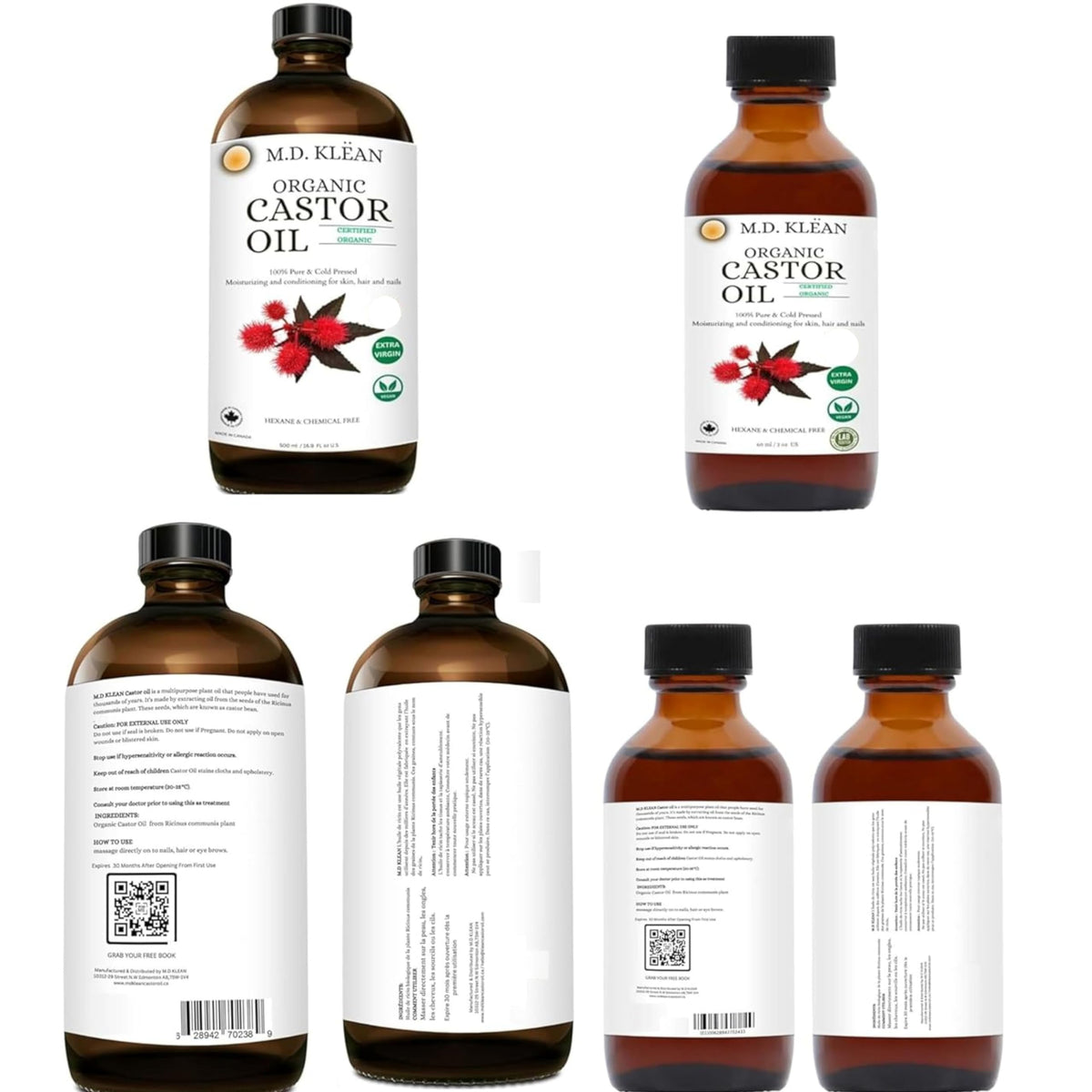 M.D. KLEAN Castor Oil - Cold Pressed, Unrefined (560 ml) Amber Glass Bottles | BPA Free Pump inc | Hexane Free| Lab Tested, Skin Moisturizer, Enhance Collagen | Holiday Gift 🍁 All In One Marketplace Canada