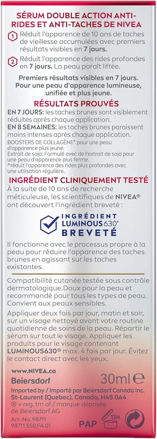 NIVEA LUMINOUS630 Anti-Wrinkle & Spot Face Serum, Hyaluronic Acid, 30mL 🍁 All In One Marketplace Canada NIVEA