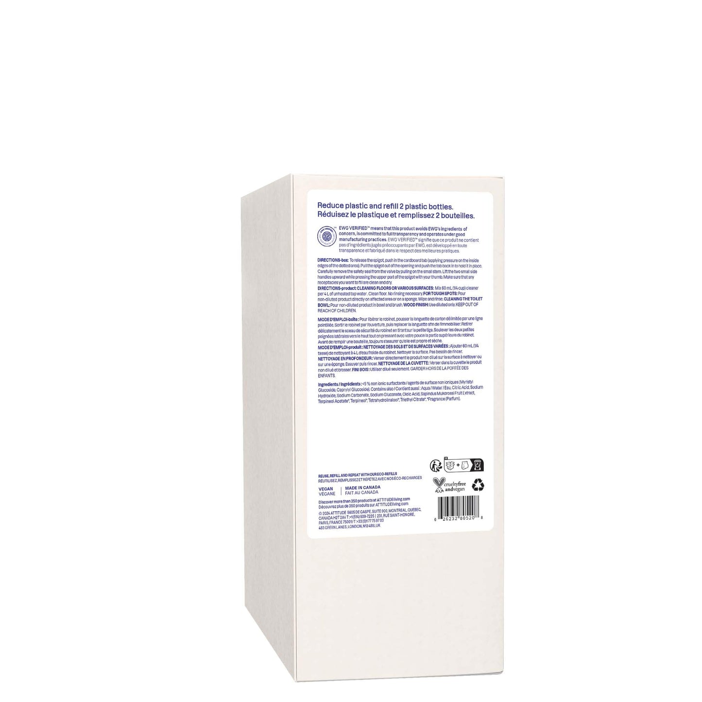 ATTITUDE Floor Cleaner Refill, EWG Verified, Streak-Free, Vegan & Plant-Based for Tile, Wood & Laminate Floors, Made in Canada, Citrus Zest Scent, 2 Liters - Available at All In One Marketplace Canada