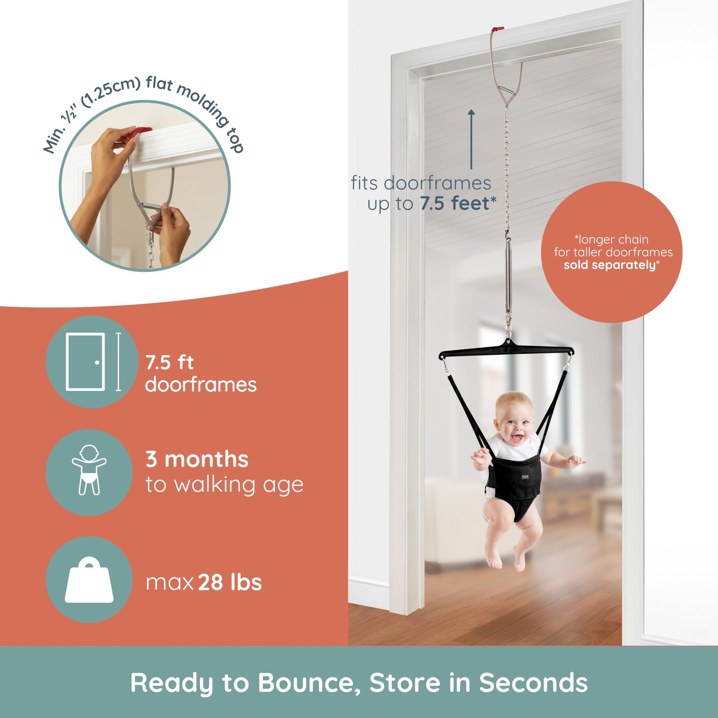 Jolly Jumper ICONIC Doorway Baby Jumper (Grey), Indoor Exercise Saddle Seat, Adjustable Height, for Infants up to 28lbs, No Stand Required Jolly Jumper
