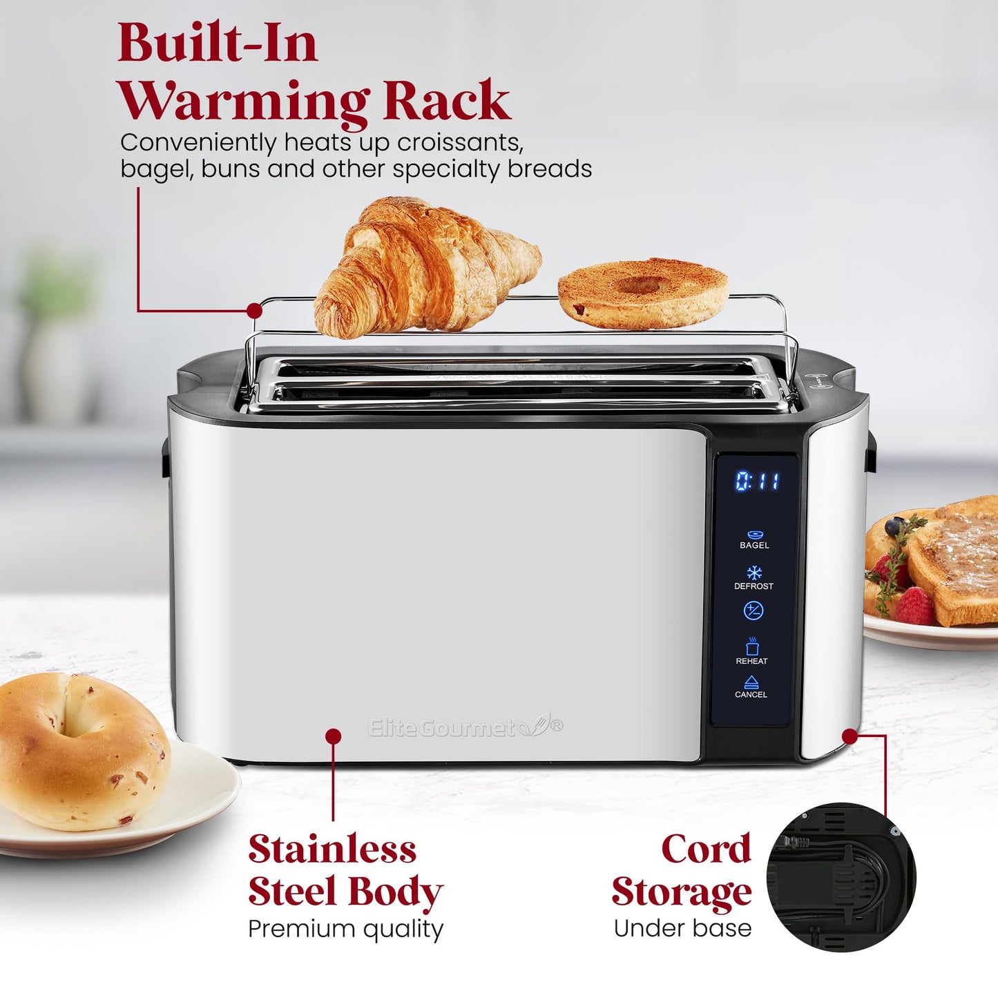 Elite Gourmet ECT5322 Long Slot 4 Slice Toaster, Countdown Timer, Bagel Function, 6 Toast Setting, Defrost, Cancel Function, Built-in Warming Rack, Extra Wide Slots for Bagels Waffles, Stainless Steel Elite Gourmet
