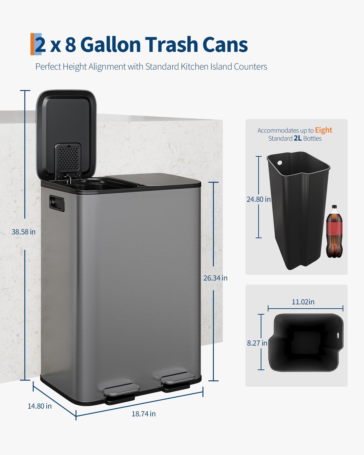 GarveeHome 2 x 8 Gallon Stainless Steel Double Trash Can with Lid for Kitchen, Large Dual Trash and Recycle Bin Combo, Step-on Kitchen Metal Garbage Cans, PP Inner Buckets, Liner Rim, Matte Grey GarveeHome
