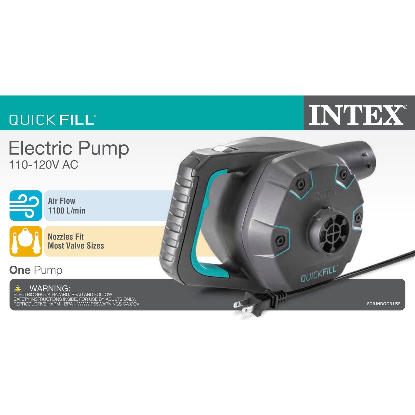 INTEX 66643E QuickFill 120 Volt AC Electric Pump: Inflates and Deflates Air Mattresses – Includes 3 Interrconnecting Nozzles – Easy Carry Handle – 1100 L/Min Air Flow – Indoor Use Intex
