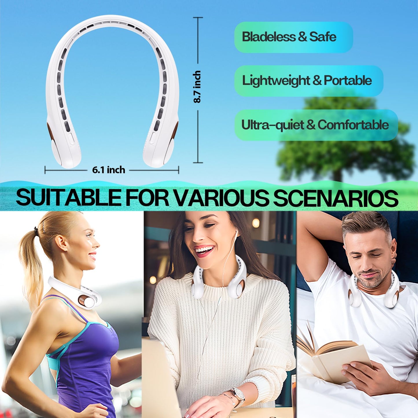 Neck Fan Rechargeable with LED Display & 360° Cooling Airflow, Portable Fan Bladeless Cooler, 4000mAh Battery, 3 Speed Settings, Ultra-Quiet Personal Fans for Home, Office, Travel, Sports - White - Available at All In One Marketplace Canada