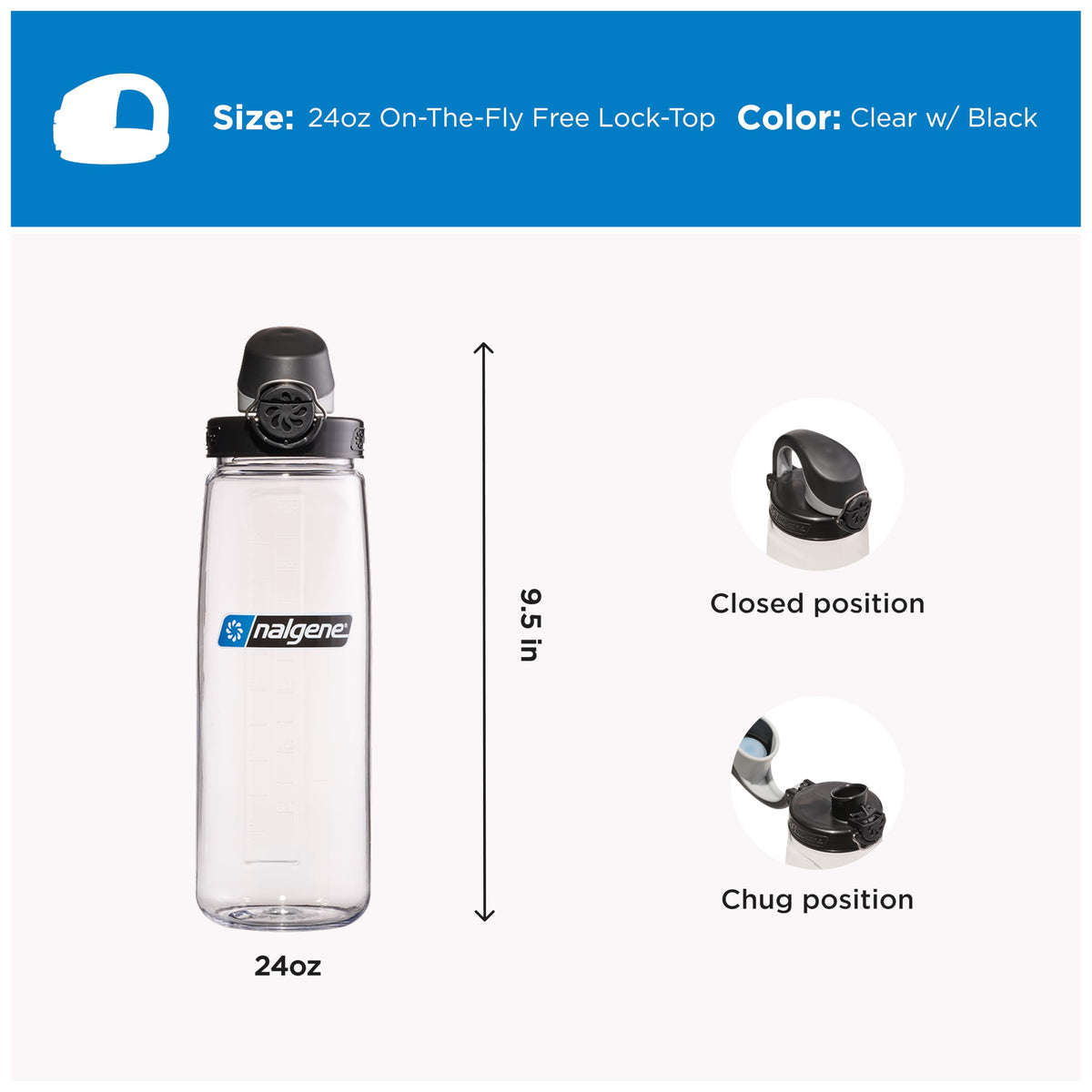 Nalgene 24 oz On The Fly Lock-Top Water Bottle, Clear w/Black