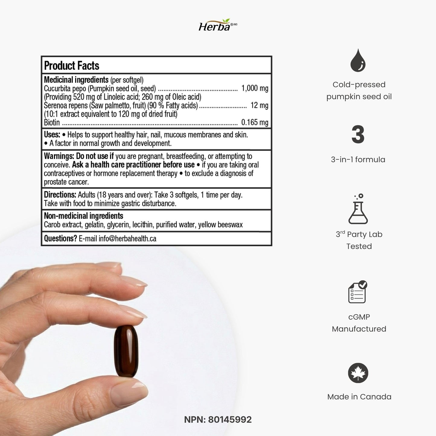 Herba Pumpkin Seed Oil Capsules for Hair - 90 Softgels | 3 in 1 with Saw Palmetto and Biotin | Cold Pressed, Extra Virgin, and Non GMO | Made in Canada - Available at All In One Marketplace Canada