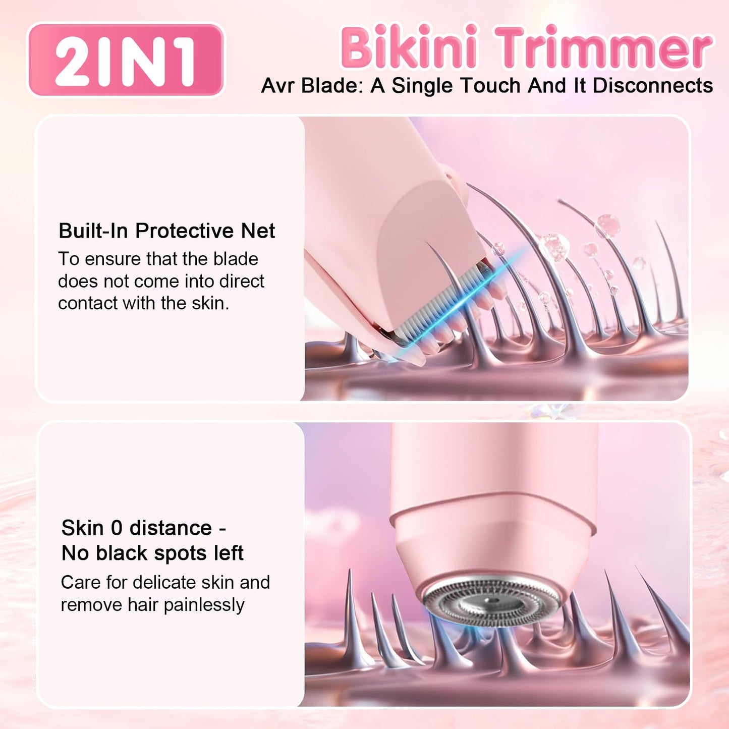 Bikini Trimmer Women, 2 in 1 Electric Razor, Painless Shaver for Women, IPX7 Waterproof USB Rechargeable Wet & Dry Hair Trimmer, Portable Travel Groomer for Bikini Line, Legs and Underarms, Pink