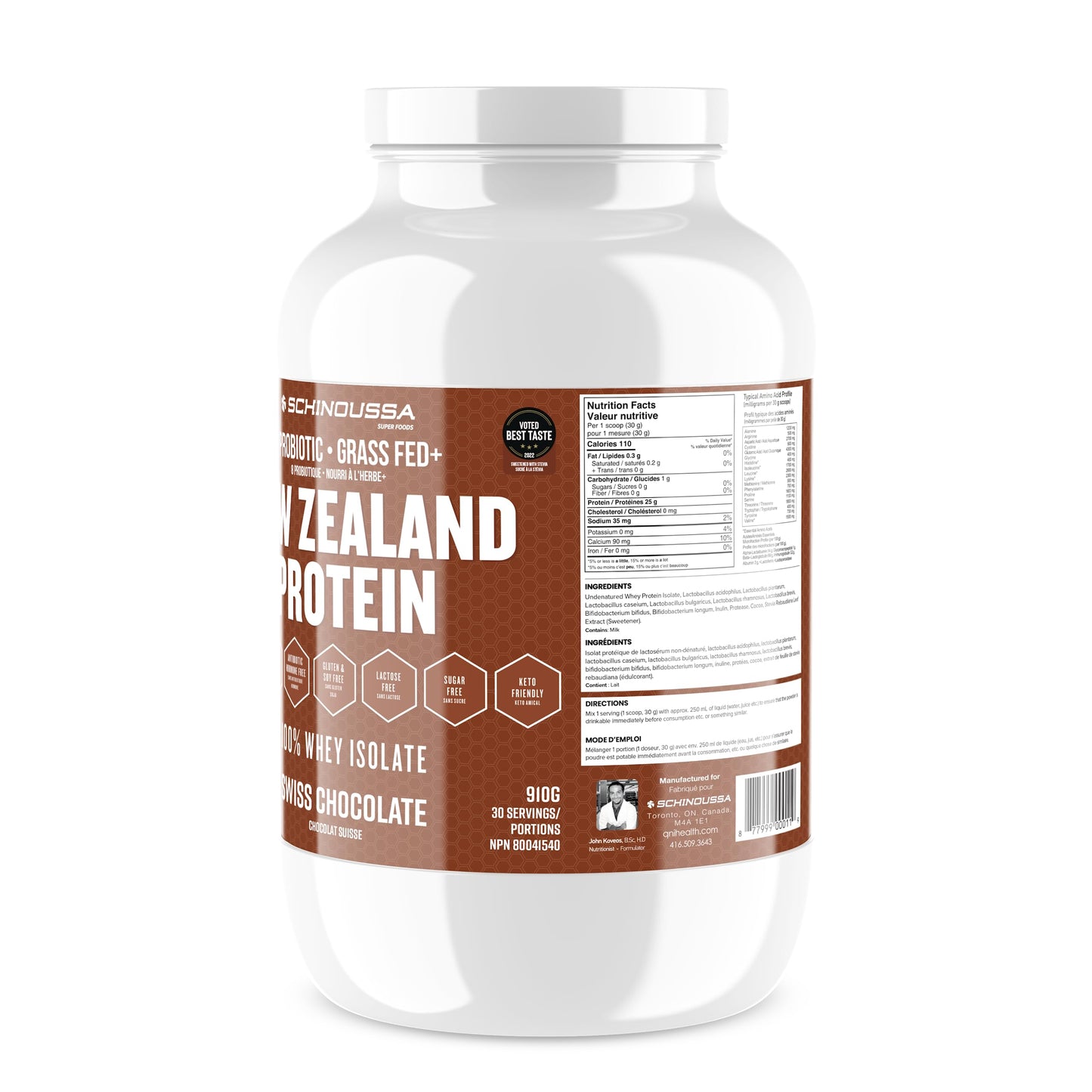 Schinoussa Super Foods New Zealand Whey Protein Isolate | 25g Protein | 0g Of Sugar | 1g Of Carbs | 110 Calories (Swiss Chocolate, 910 g (Pack of 1))