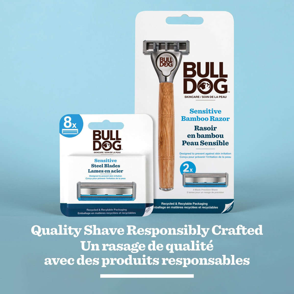 Bulldog 8 Count 5-Blade Sensitive Refill, Bulldog Razor Refills | Shaving Blades for Men, Tempered Steel Blades + Lubricating Strip with Baobab Oil for Gentle Shave, 8ct