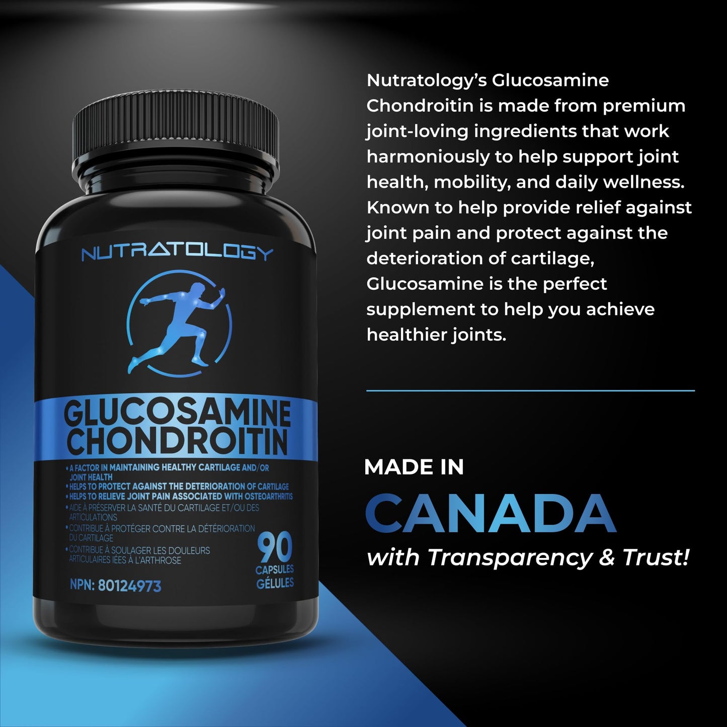 Nutratology® Glucosamine Joint Supplement with Chondroitin, MSM & Turmeric | Canadian-Made | Joint Pain Relief Supplements - 1500MG Glucosamine - Supports Healthy Joints & Cartilage - 90 Capsules - Available at All In One Marketplace Canada
