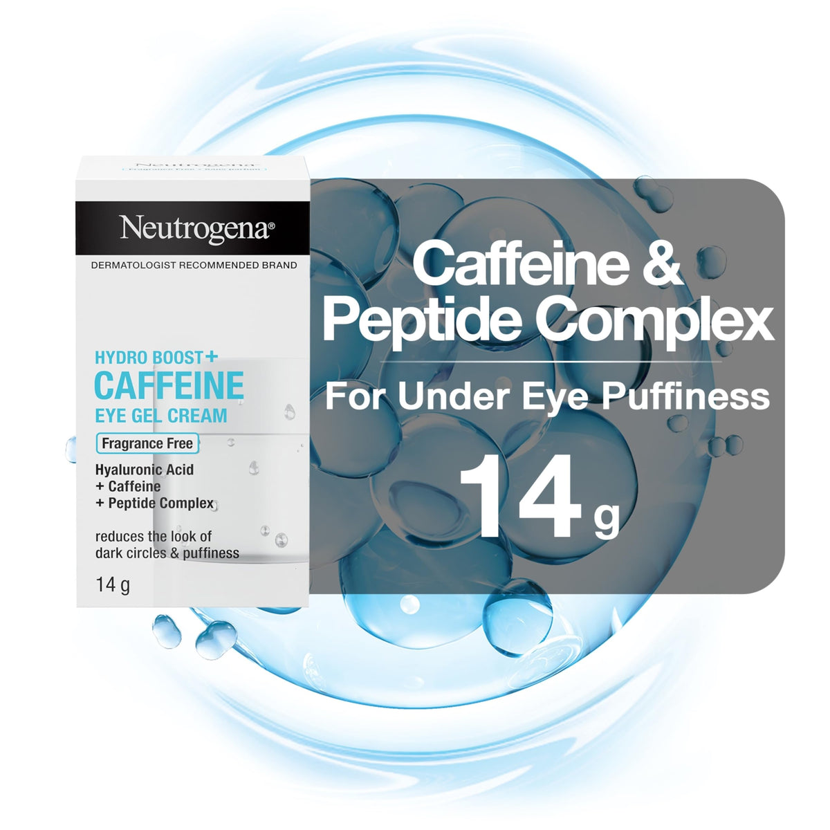 Neutrogena Hydro Boost+ Caffeine Eye Gel Cream, Hyaluronic Acid Eye Cream, Antioxidant Moisturizer, Fragrance Free, 14 grams