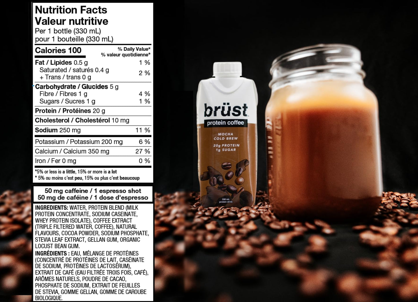 BRÜST Mocha Protein Coffee - Rich Chocolate Flavor with 20g Protein & 50mg Caffeine, 330mL, 12-Pack