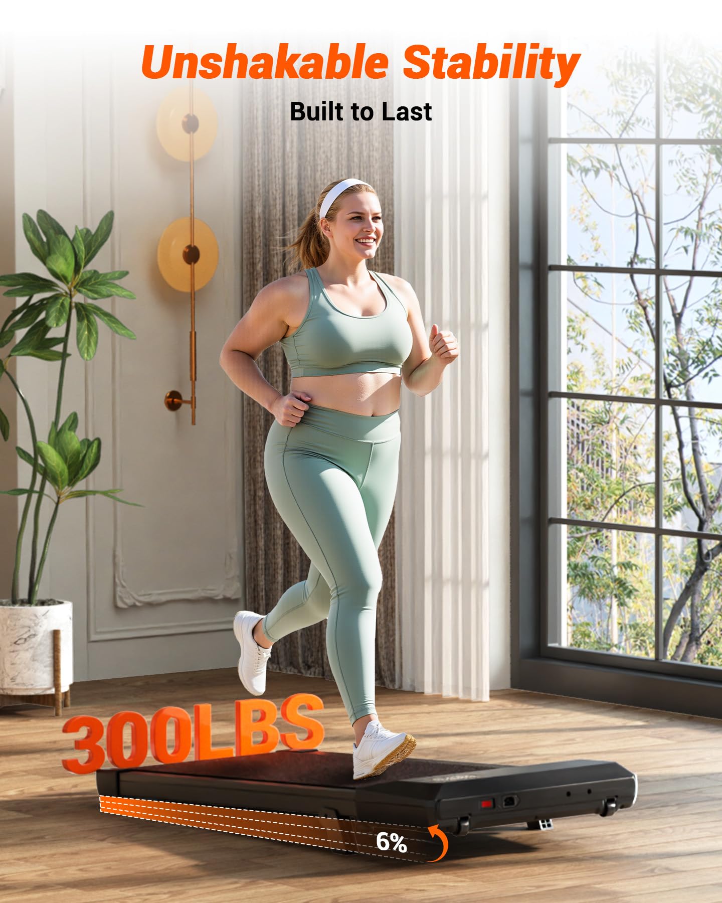 MJWW Walking Pad with 6% Incline, No-Assembly Under Desk Treadmill, 2.5 HP Quiet Motor, APP & Remote Control, LED Display, 300 lbs Capacity for Home/Office MJWW