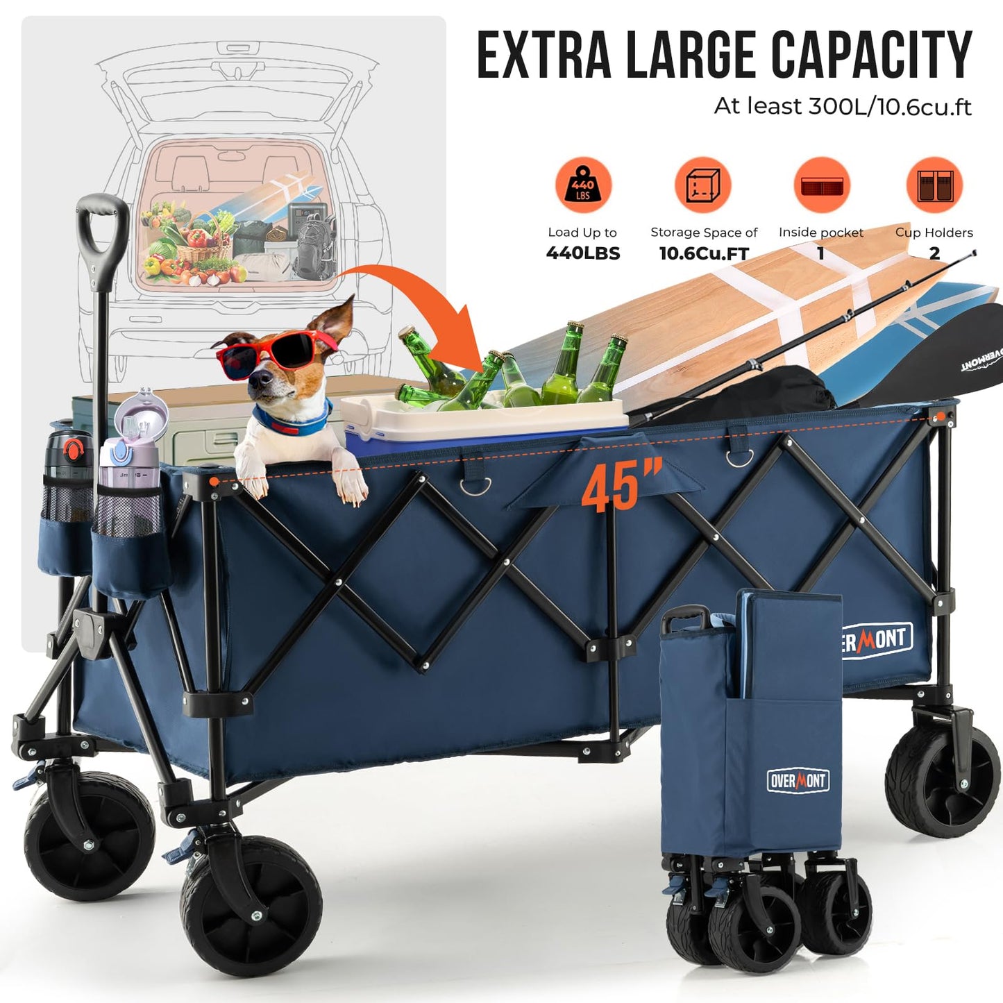 Overmont 300L Foldable Collapsible Wagon - Heavy Duty Utility Beach Wagon Cart with Rotatable Wide Wheels Inside Pockets for Camping Garden Shopping Sports - 440lbs Load OVERMONT