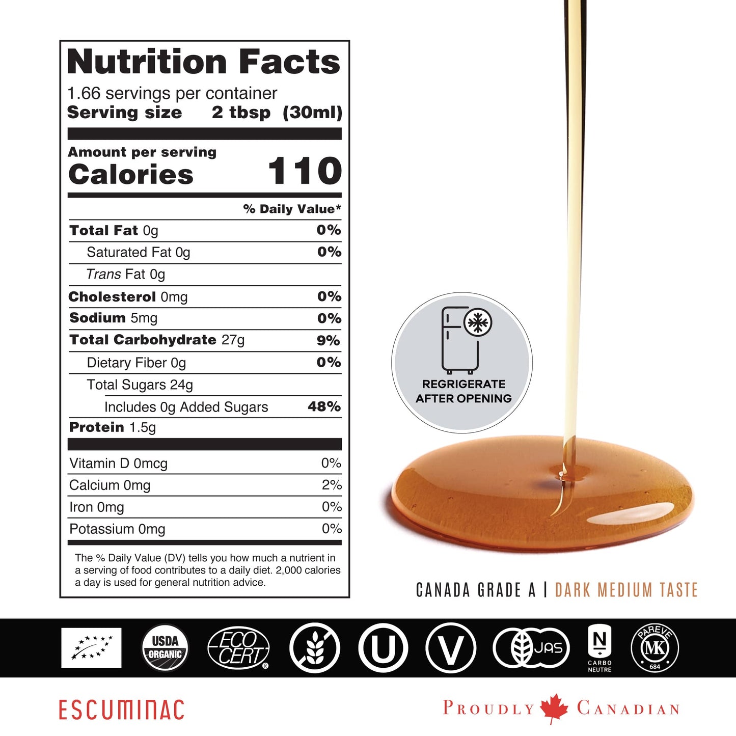 Escuminac Pure Organic Maple Syrup – Grade A Medium Amber – 12 Pack of 50ml Glass Bottles from Quebec