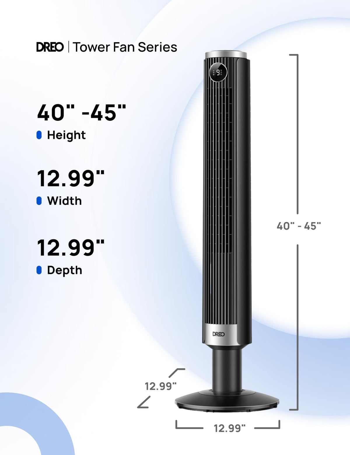 DREO Smart 40โ-45โ Tower Fan for Bedroom, Adjustable Height, 28 ft/s Velocity, DC Motor, 9 Speeds, 4 Modes, 90ยฐOscillating, Standing Fan, 20dB Quiet, 12H Timer for Home, Office, Google/Alexa, Black