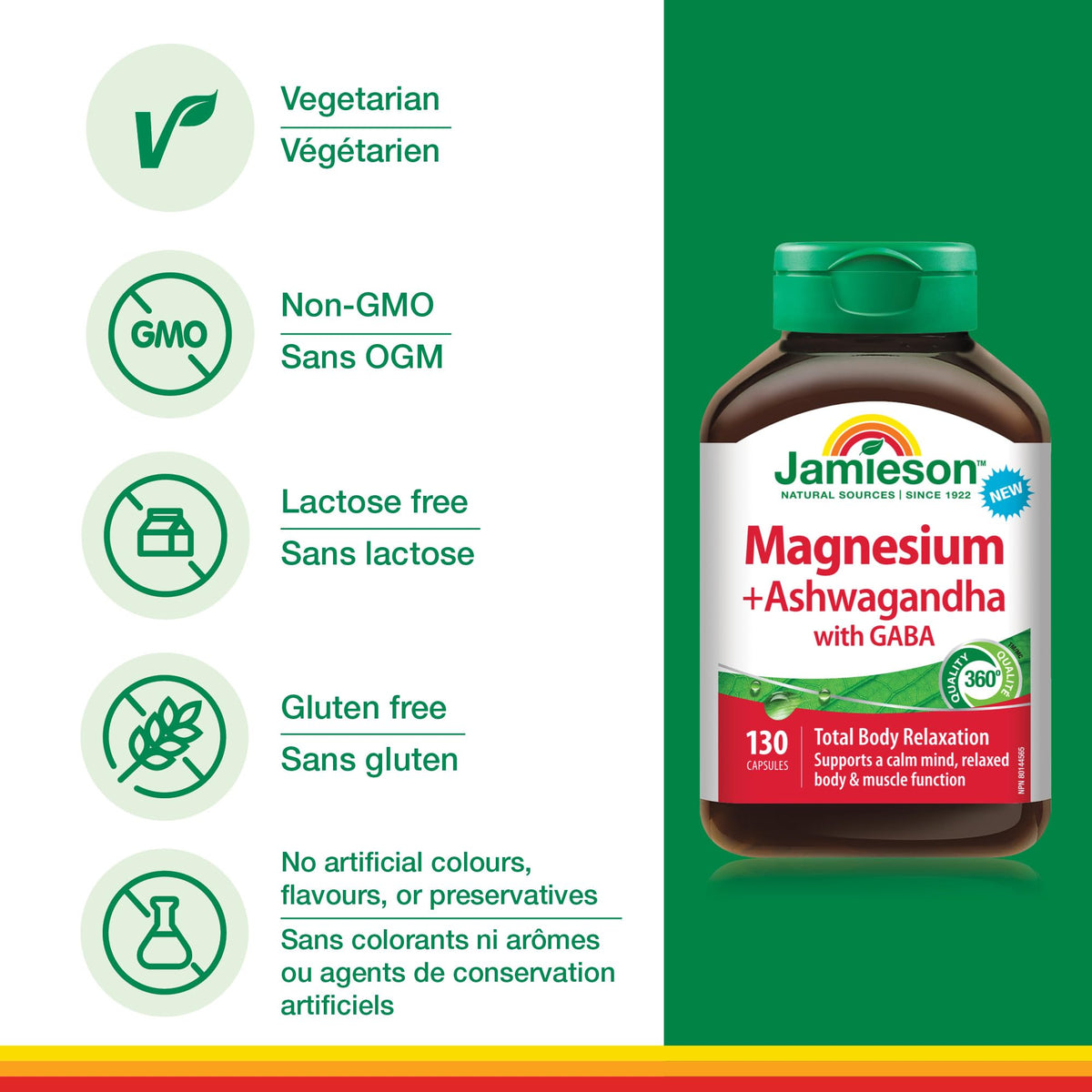 Jamieson Magnesium & Ashwagandha with GABA, Promotes Relaxation, Stress Relief, Sleep Support, Improves Memory, Support Muscle Function, Vegetarian, NON-GMO, Oxide Free, 130 Capsules