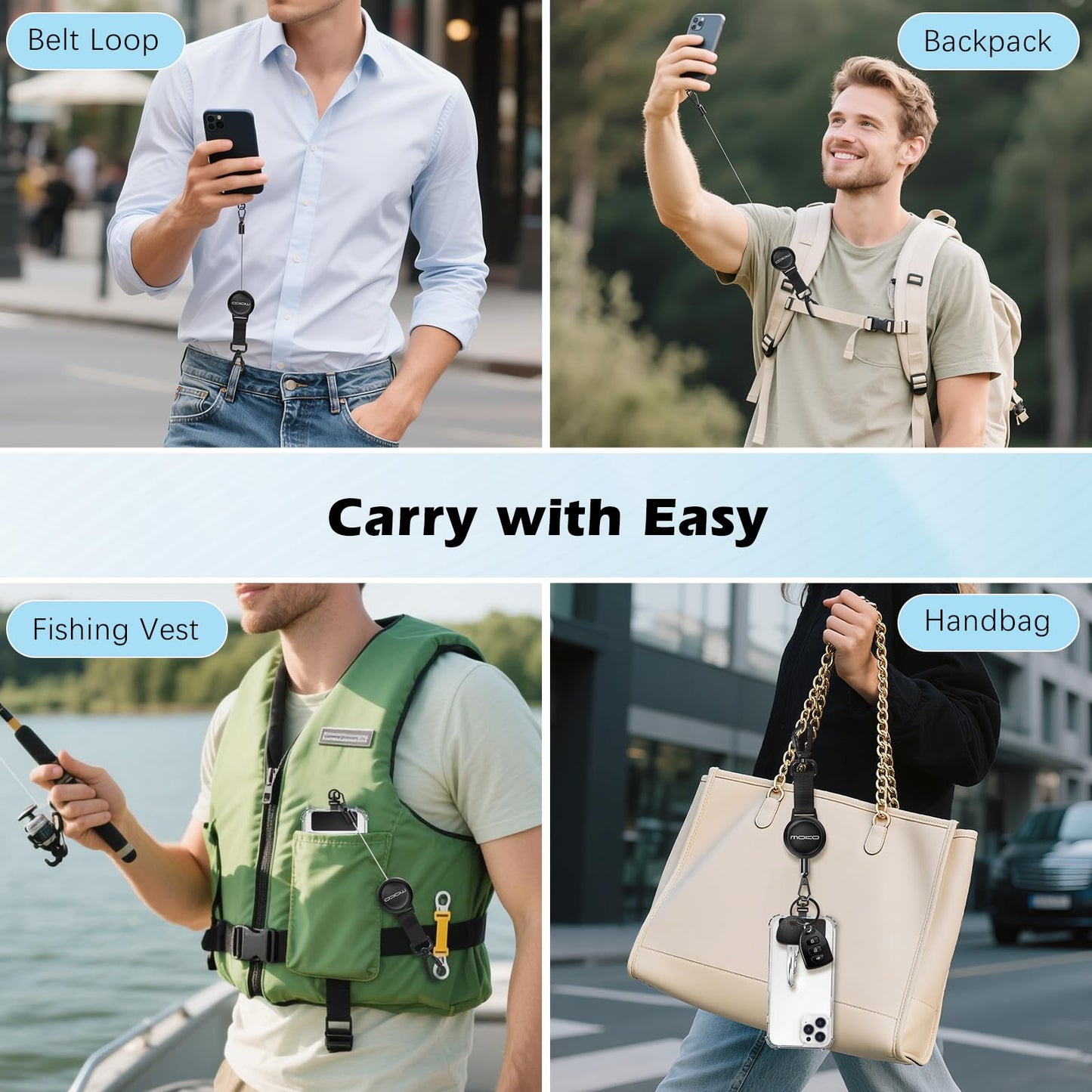 MoKo Anti-theft Phone Tether, Phone Lanyard Retractable Steel Line Cellphone Strap with Locking Carabiner and Metal 360° Tether Tab for Outdoor Skiing Hiking Climbing Fishing, Black