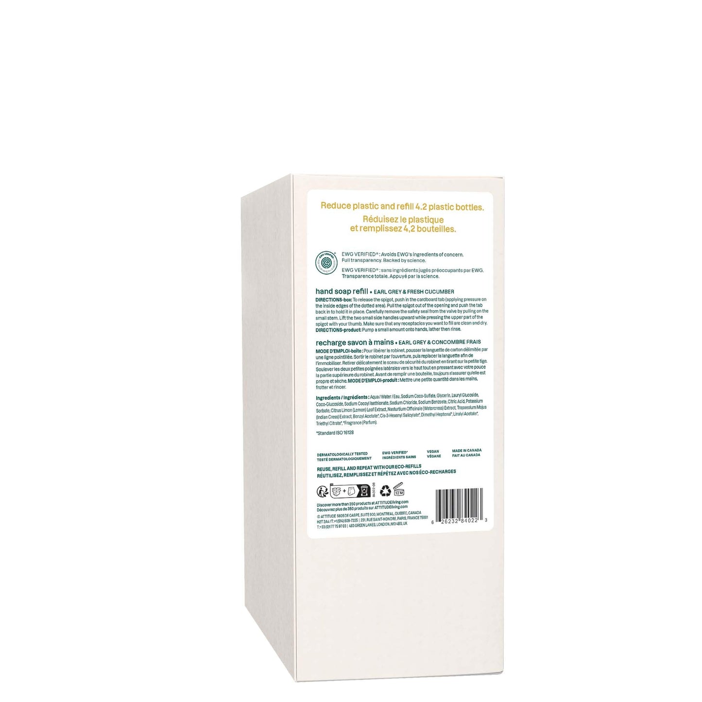 ATTITUDE Liquid Hand Soap, Made in Canada, EWG Verified, Plant and Mineral-Based, Vegan Personal Care Products, Earl Grey & Fresh Cucumber Scent, Bulk Refill Format, 2 Liters