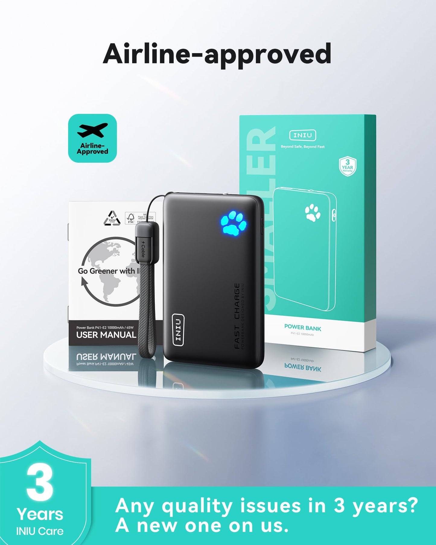 INIU Power Bank, 40% Smaller 10000mAh Portable Charger, 45W Ultra Fast Charging Powerbank with Detachable USB C Cable, Flight-Safe Travel External Battery Pack for iPhone 17 16 Samsung Google iPad etc - Available at All In One Marketplace Canada