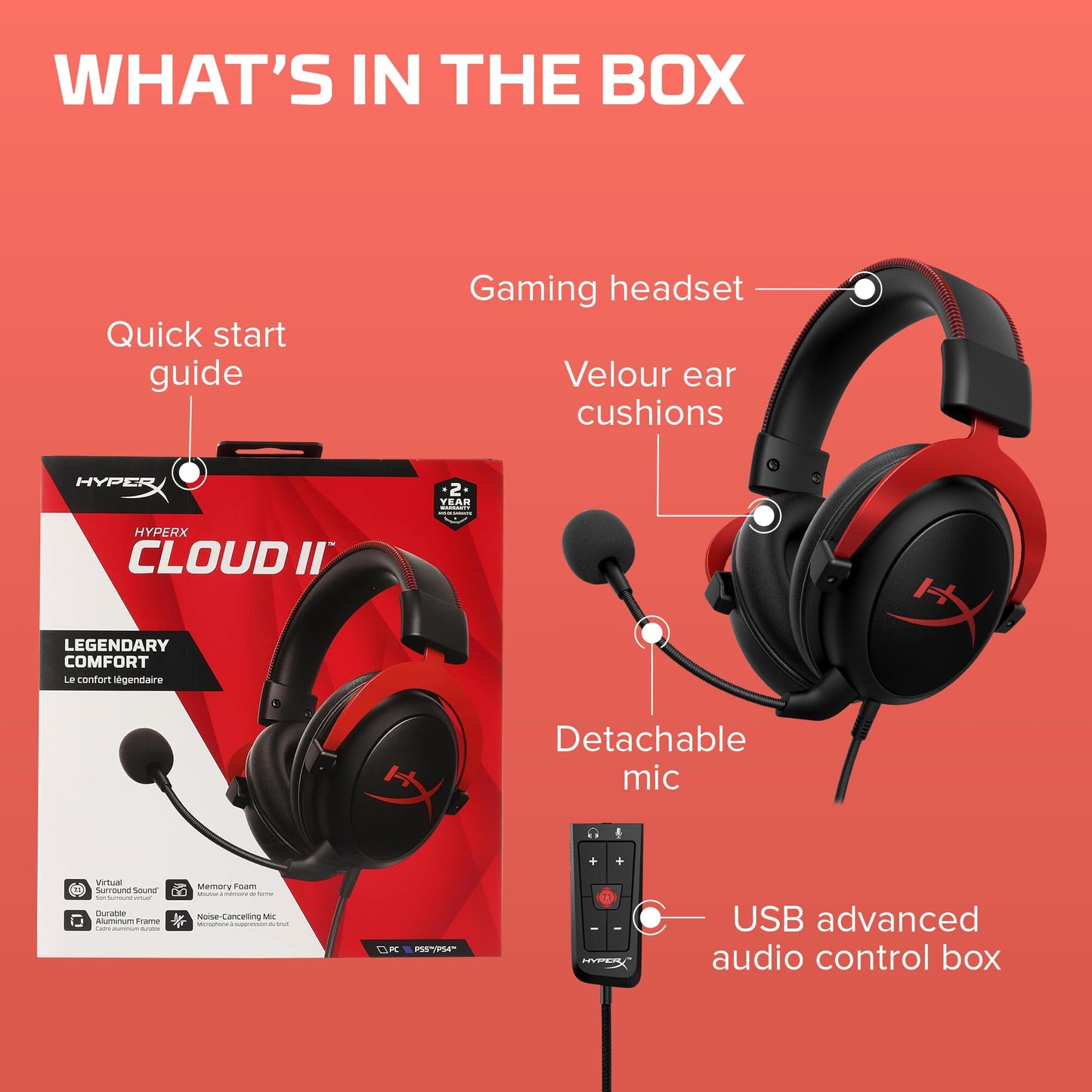 HyperX Cloud II - Casque de jeu, son surround 7.1, coussinets d'oreille en mousse à mémoire de forme, cadre en aluminium durable, microphone détachable, compatible avec PC, PS5, PS4, Xbox Series X|S, Xbox One – Rouge