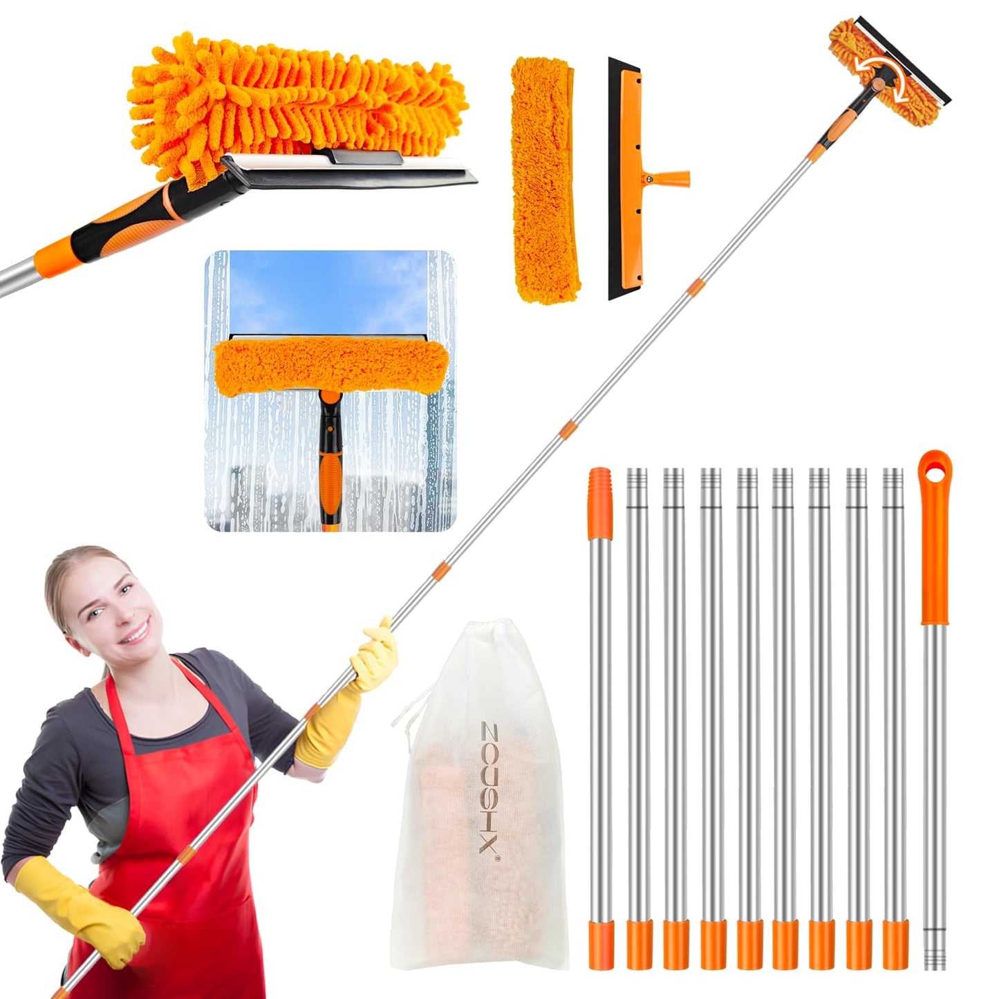 Window Cleaning Tools Window Squeegee: 2 in 1 Double-Sided Professional Cleaner Window Washing Kit with Extension Pole 20+ Ft Duster for High Ceilings Microfiber Scrubber for Indoor Outdoor High Glass - Available at All In One Marketplace Canada