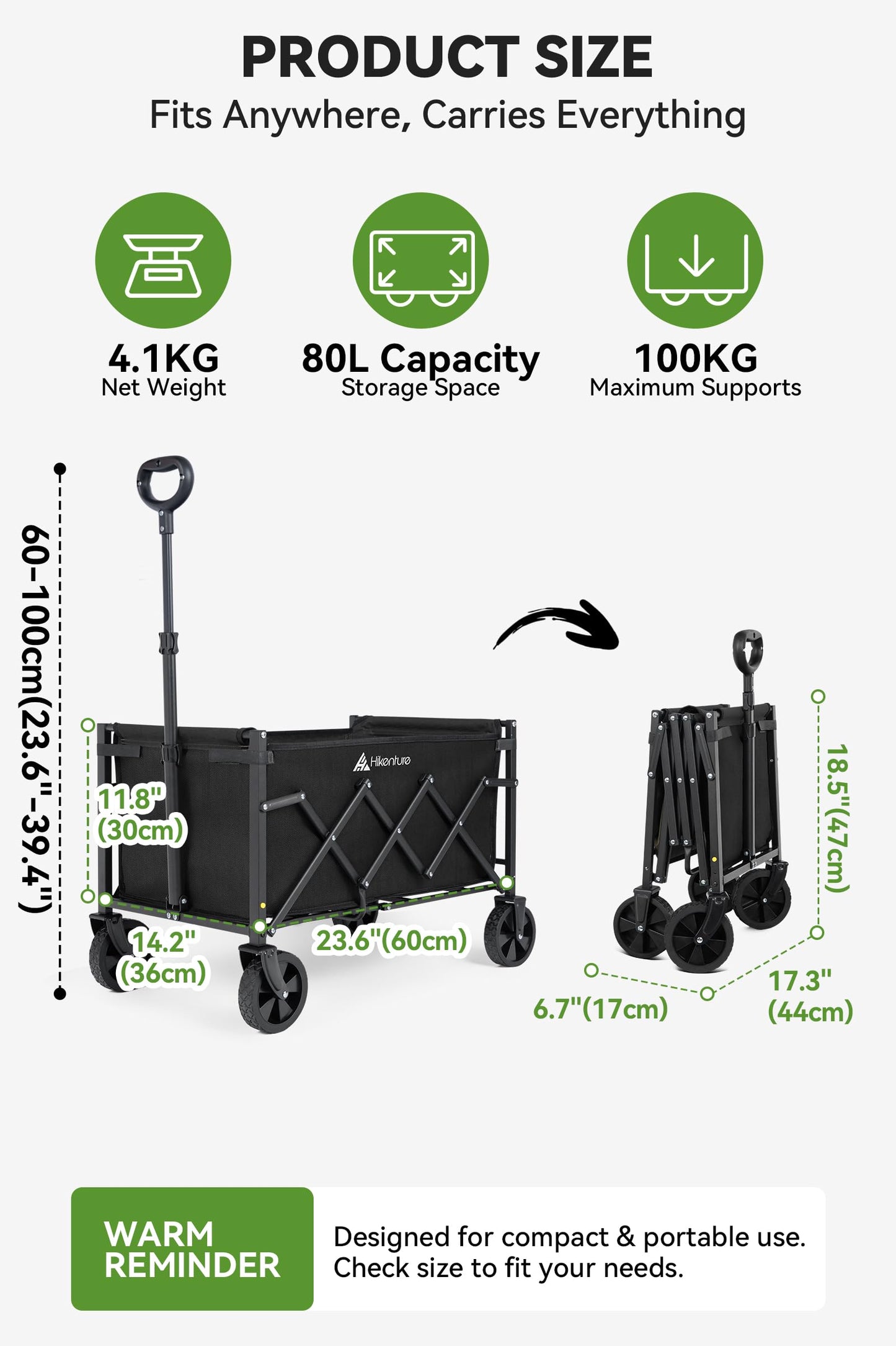 Hikenture Wagon Cart Foldable, Ultra-Compact Small Utility Folding Wagon, Heavy Duty Grocery Cart with All-Terrain Wheels, Portable Collapsible Wagon for Garden, Beach, Shopping, Camping, Sports
