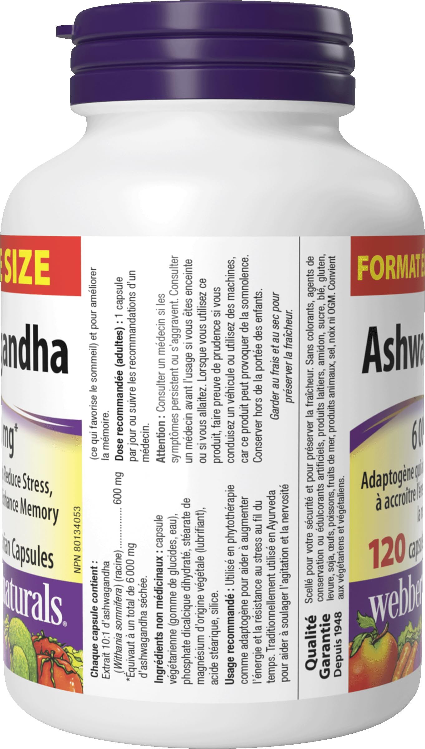 Webber Naturals Ashwagandha 6000 mg, 120 Capsules, Adaptogen to Help Reduce Stress & Increase Energy, Vegan - Available at All In One Marketplace Canada