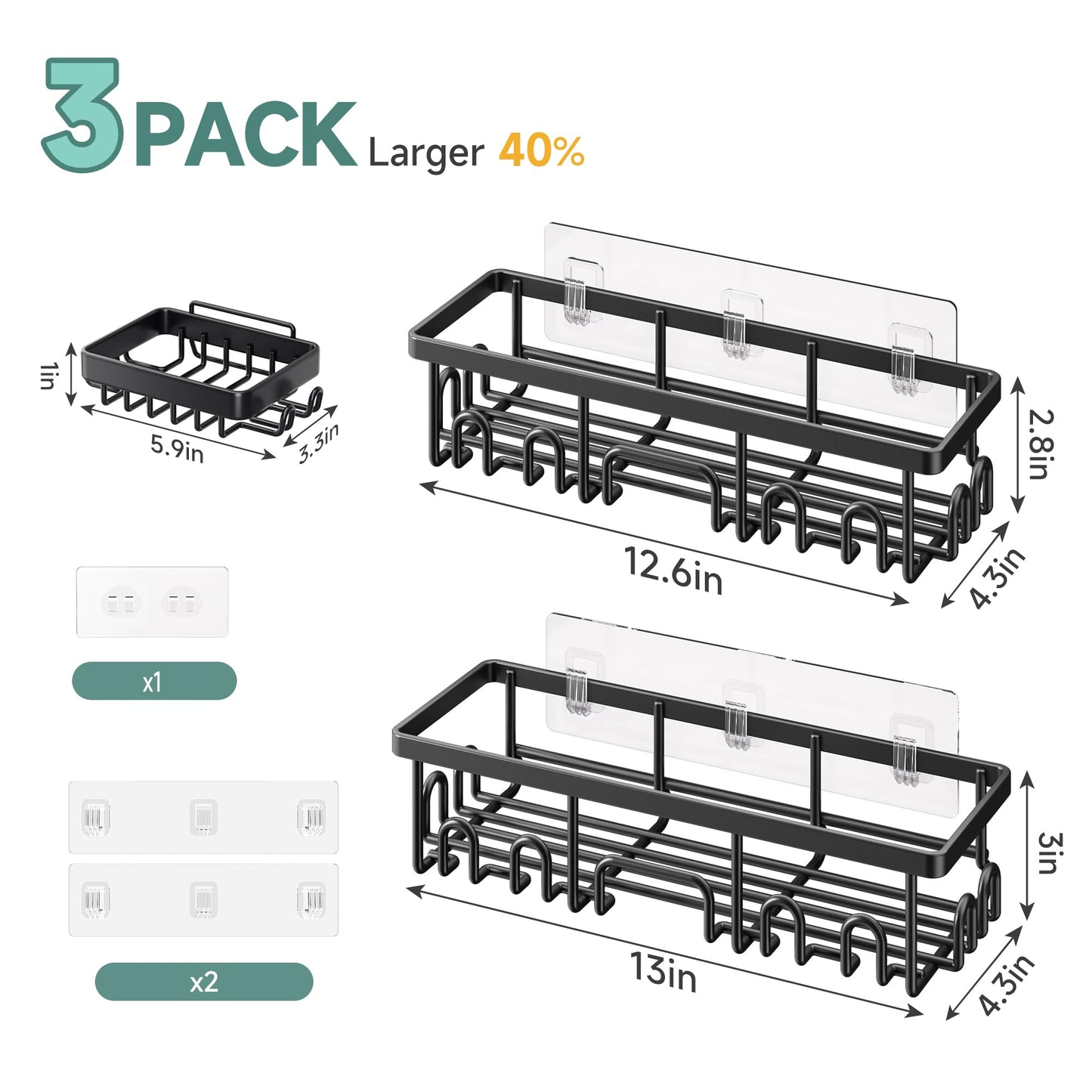 Veken Large Capacity Shower Caddy 3-Pack, No Drilling Adhesive Rack with Soap Holder, Rustproof & Waterproof Shelves, Bathroom Organizers and Storage, Wall-Mounted Kitchen & Home Decor, Black