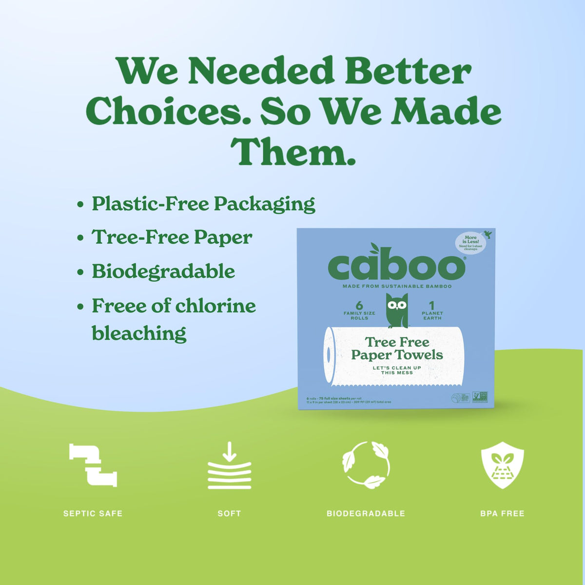 Caboo Tree Free Paper Towels, Sustainable, Toxin Free, 6 Family Size Rolls