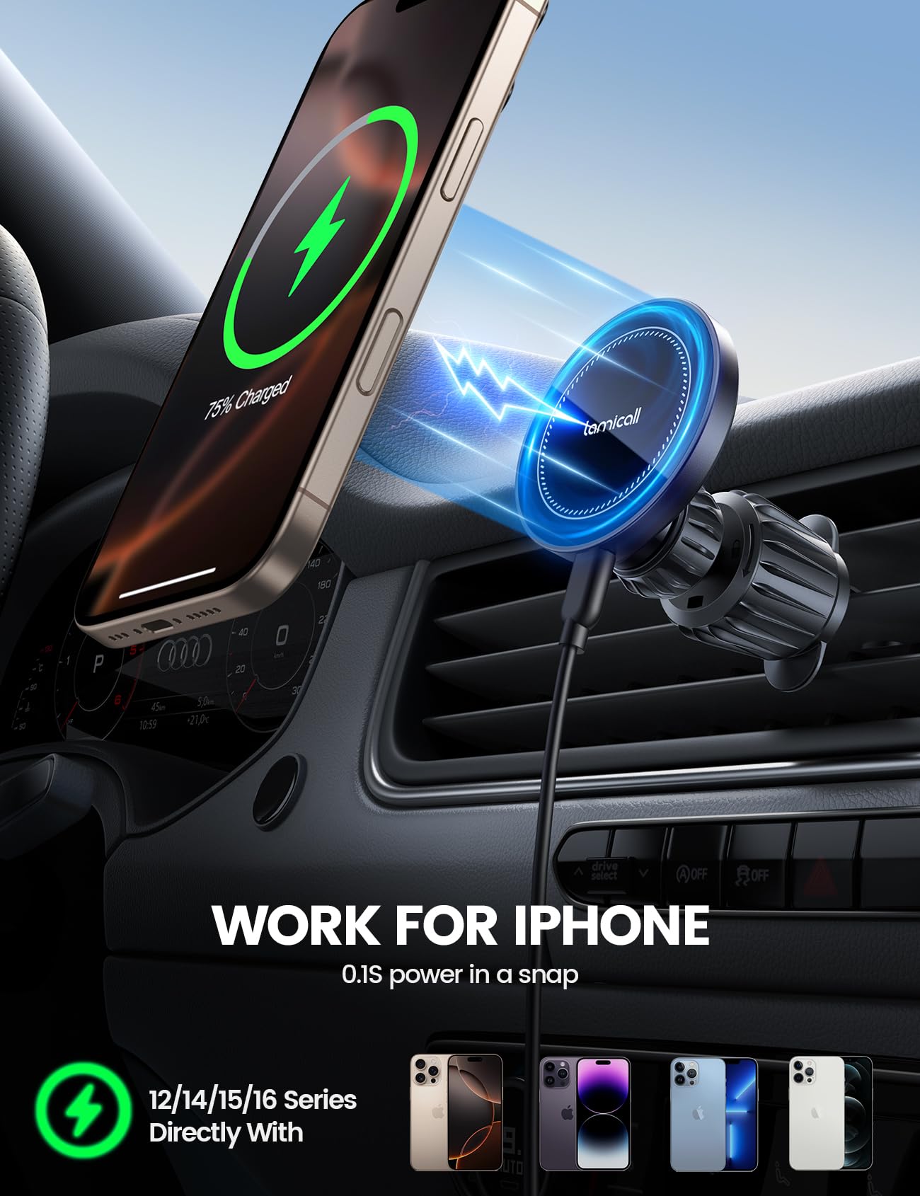 Lamicall 15W for Magsafe Car Mount Charger - Wireless Vent & Dashboard Magnetic Phone Holder Charger Mount, for iPhone 17, 17 Pro, 17 Pro Max, iPhone 16 15 14 for MagSafe Accessories, Car Accessories